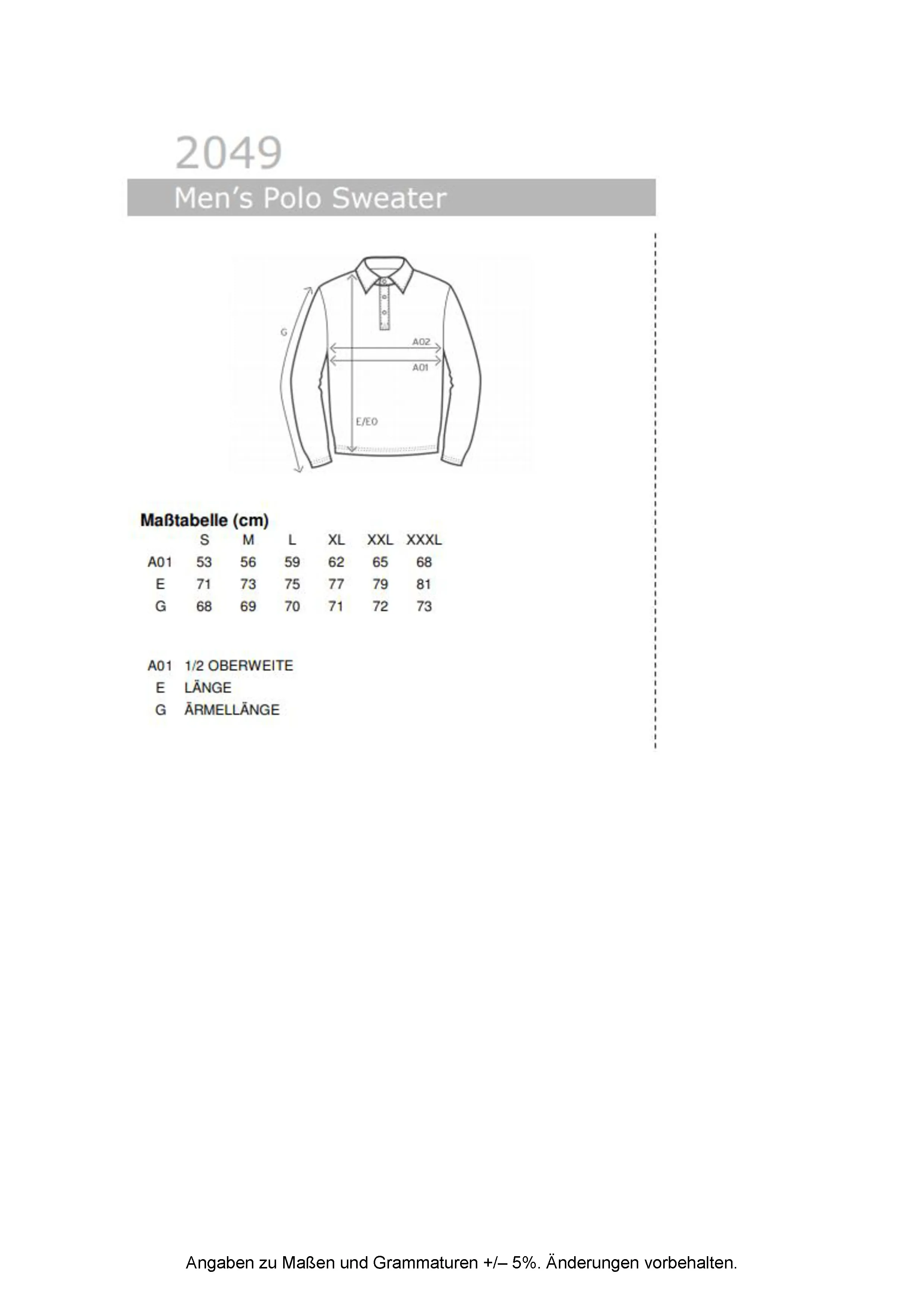 Größentabelle für New Polo Sweater – E2049N