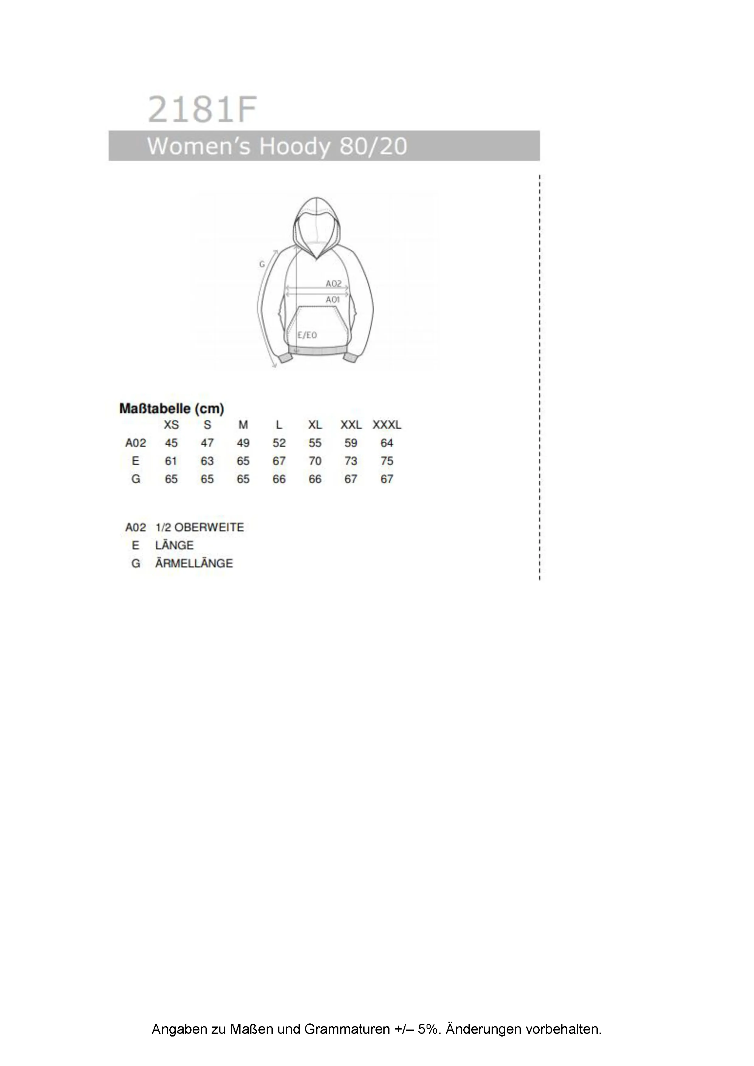 Größentabelle für Women´s Hoody 80/20 – E2181
