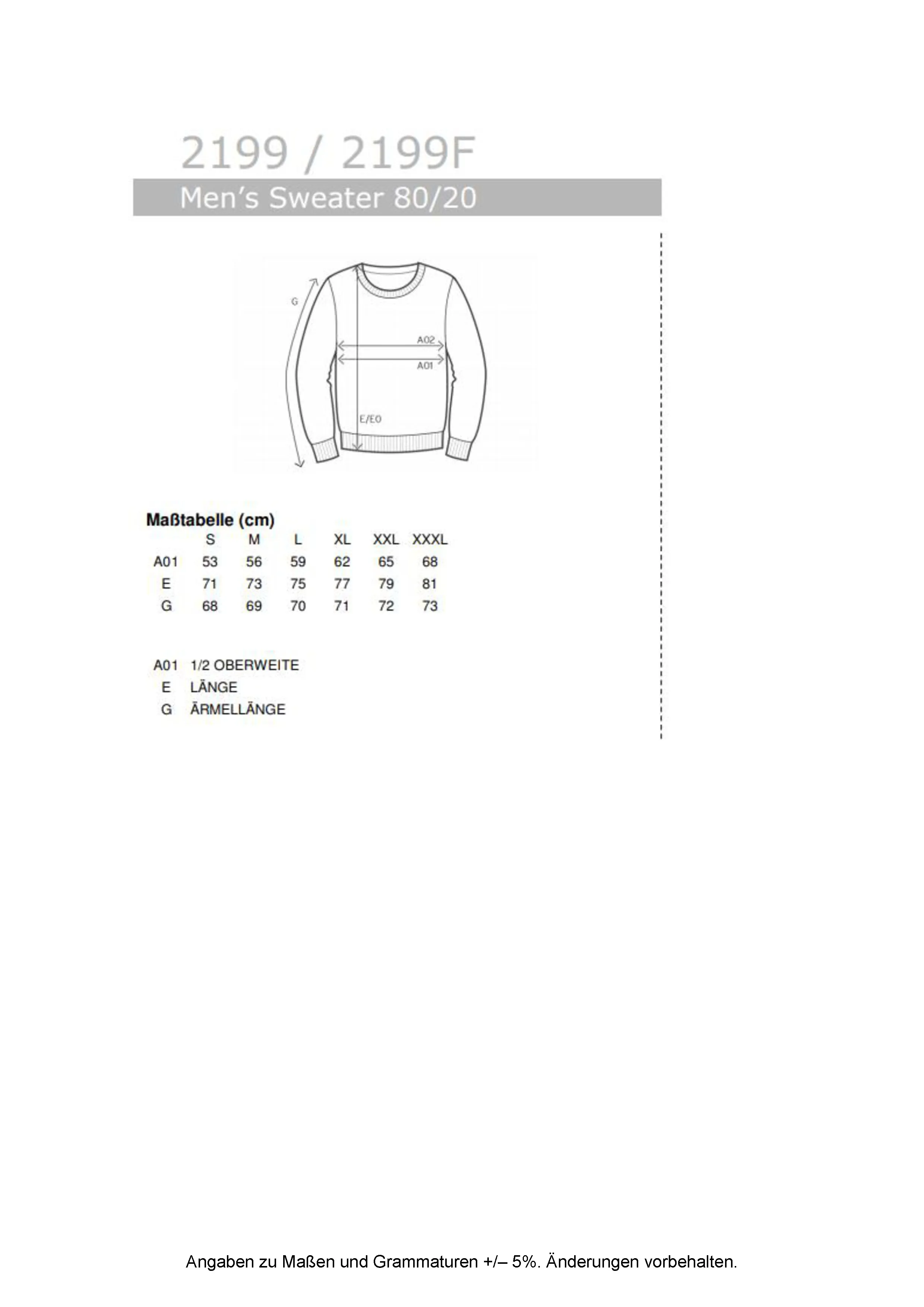 Größentabelle für Men´s New Sweater 80/20 – E2199N