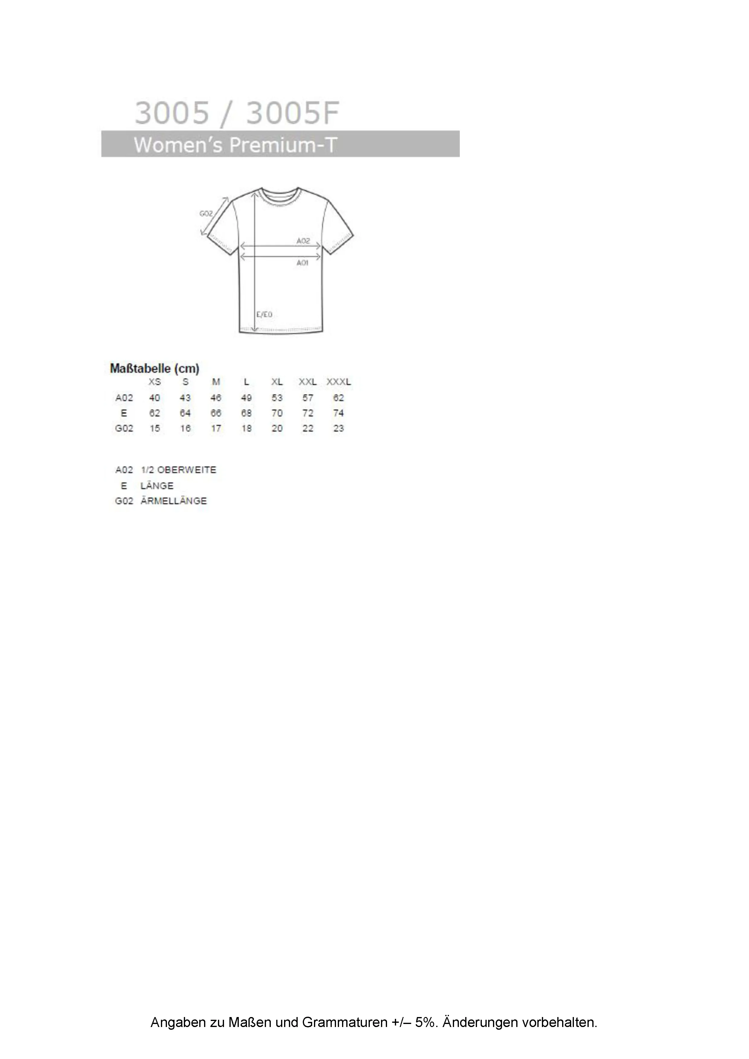 Größentabelle für Women´s Premium-T – E3005