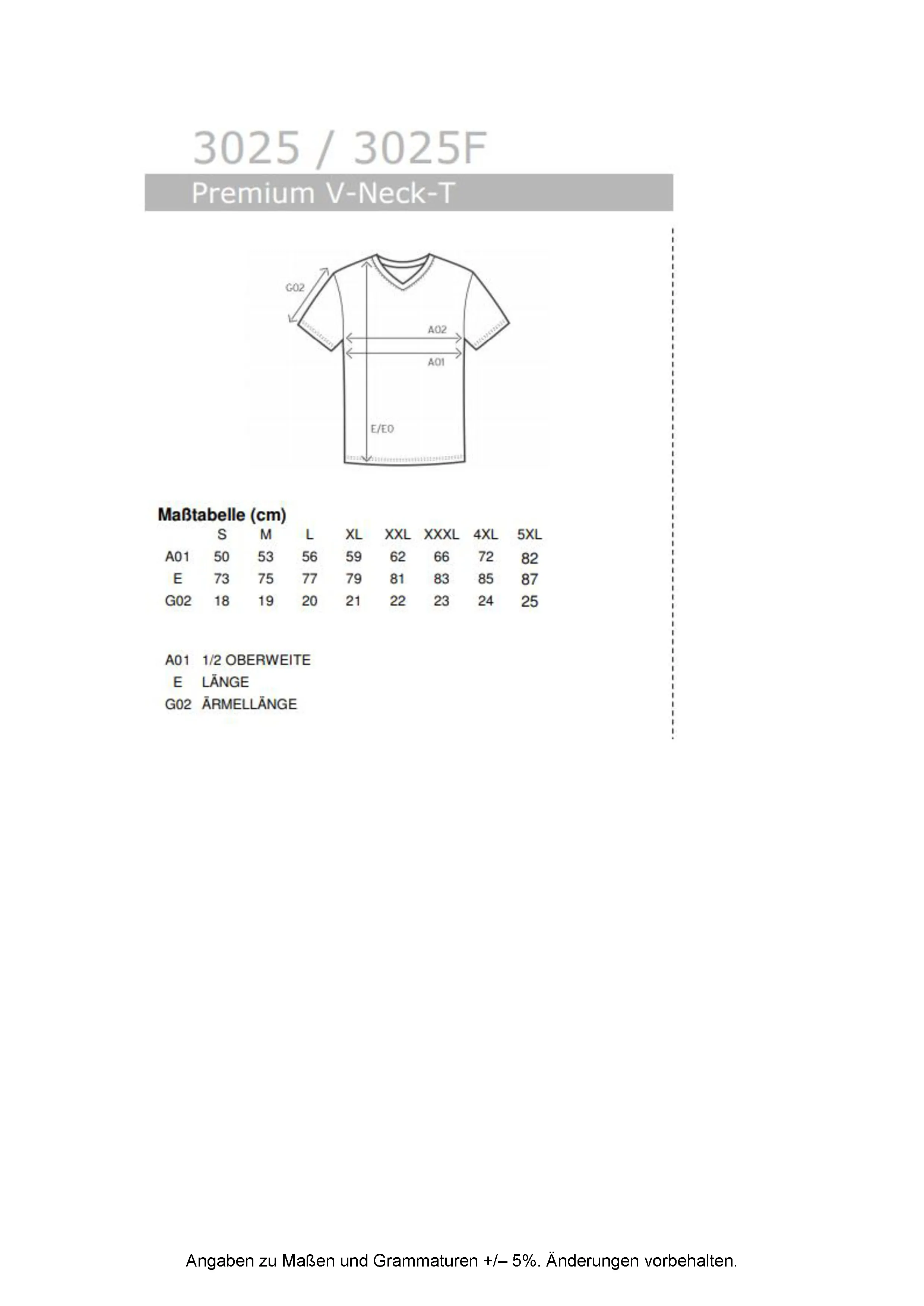 Größentabelle für Premium V-Neck-T – E3025