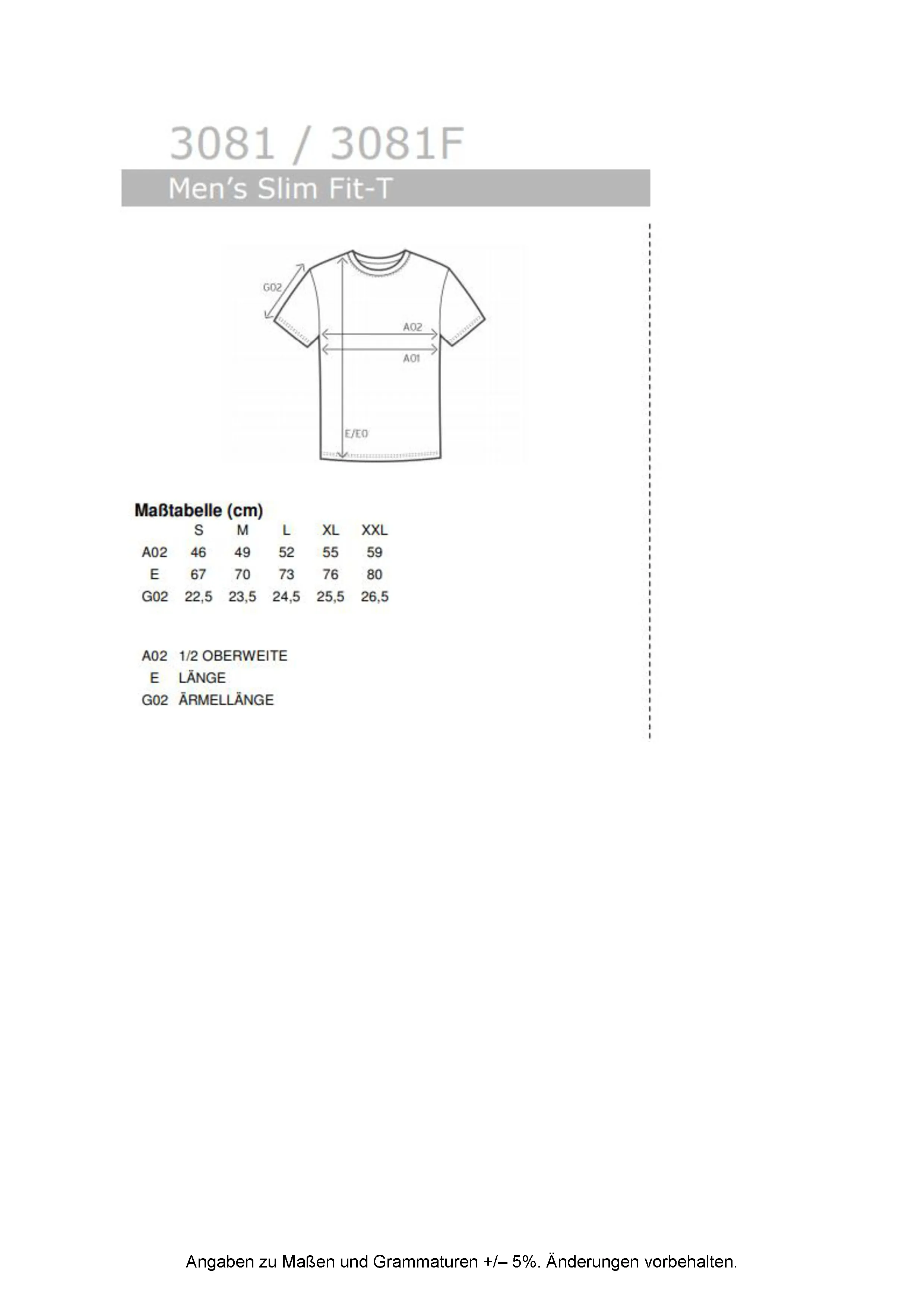 Größentabelle für Men´s Slim Fit-T – E3081