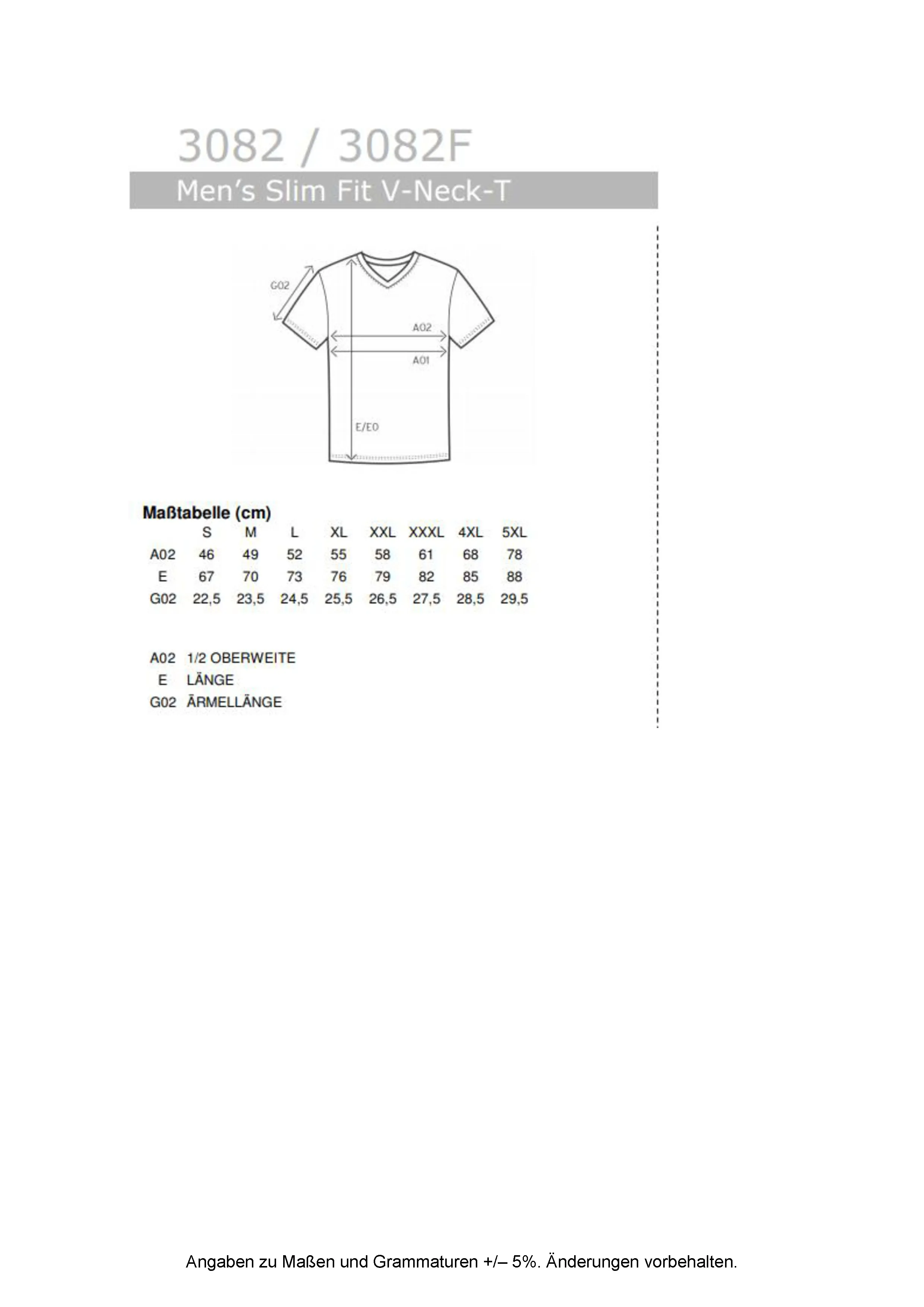Größentabelle für Men´s Slim Fit V-Neck-T – E3082