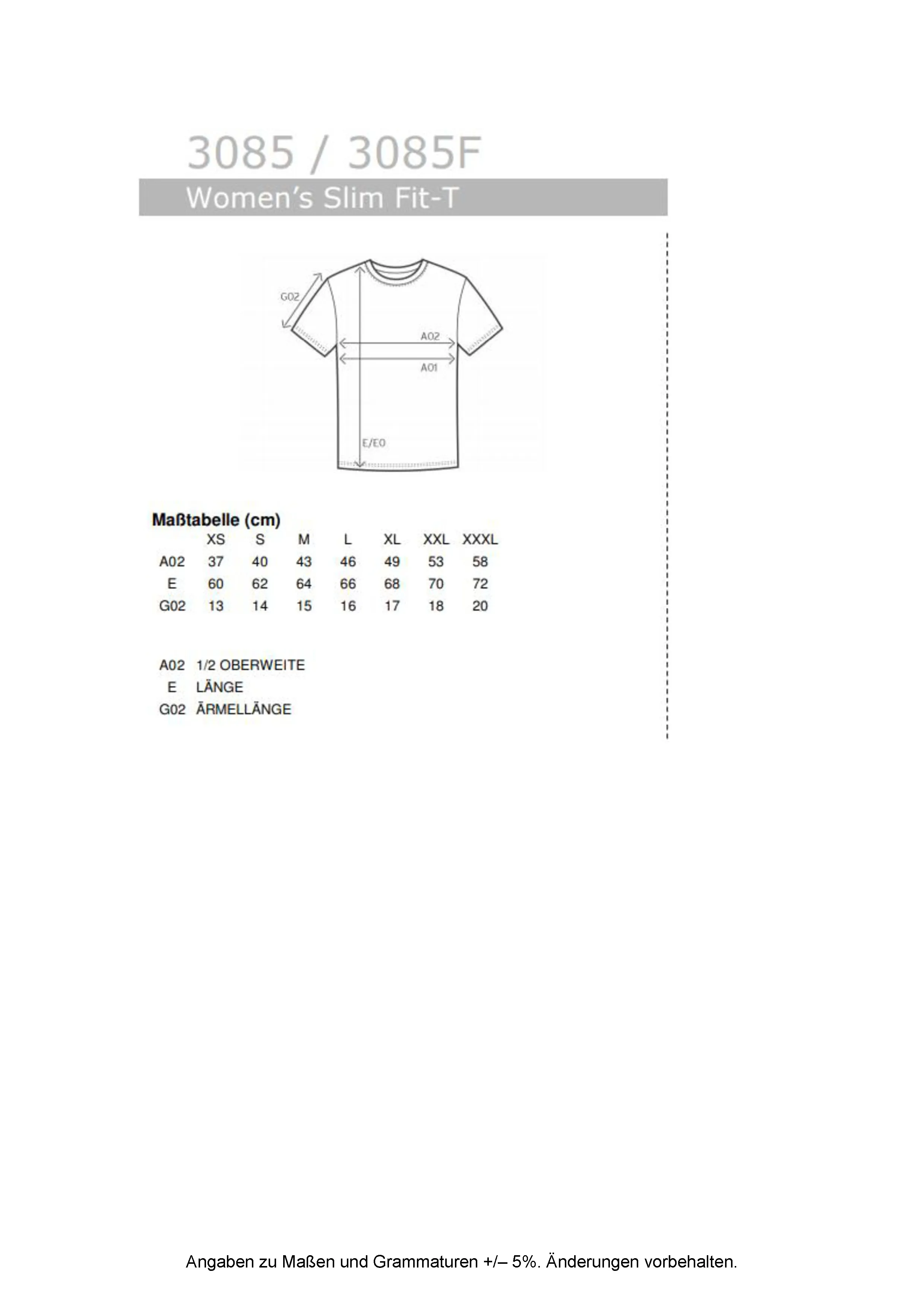 Größentabelle für Women´s Slim Fit-T – E3085