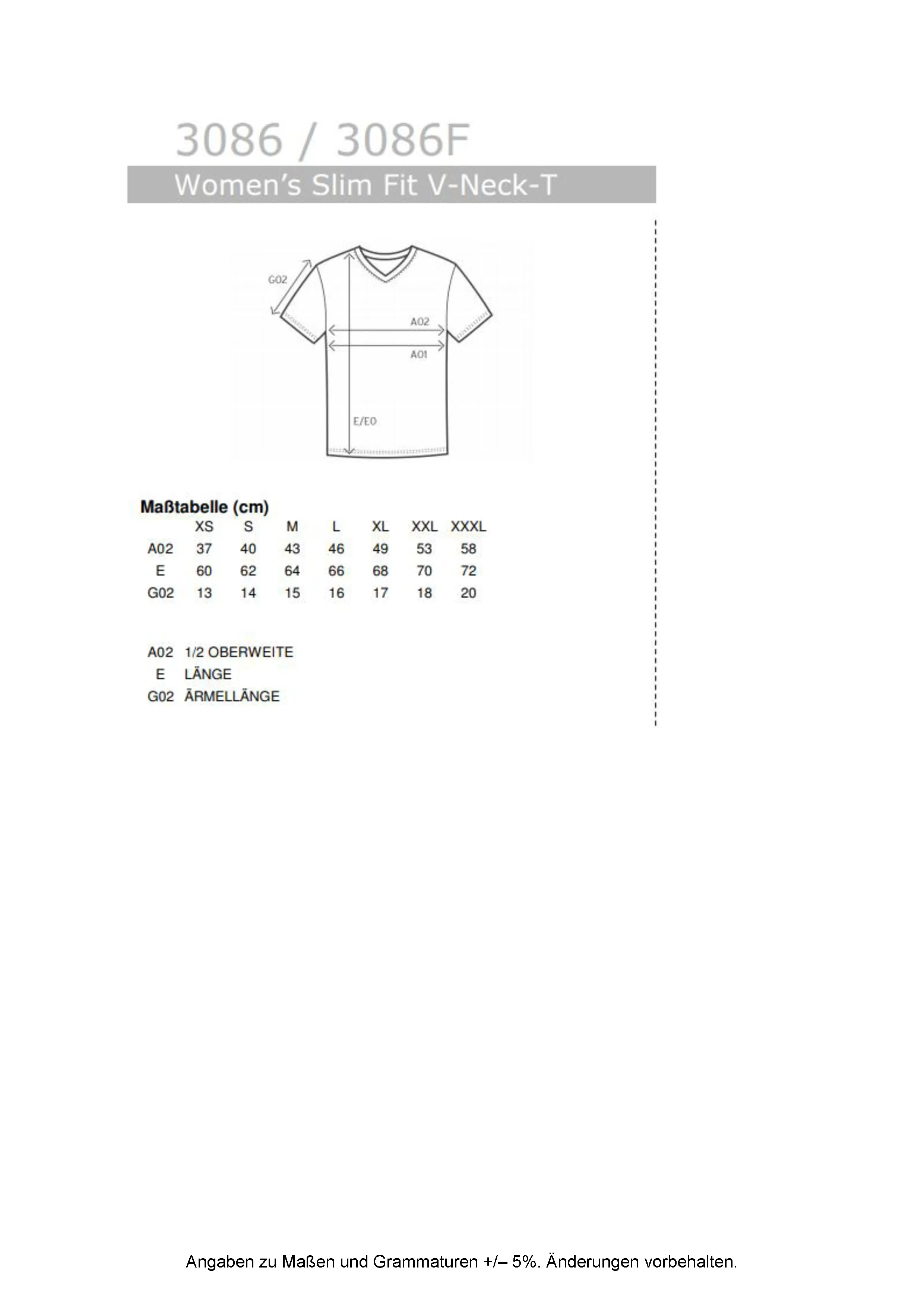 Größentabelle für Women´s Slim Fit V-Neck-T – E3086