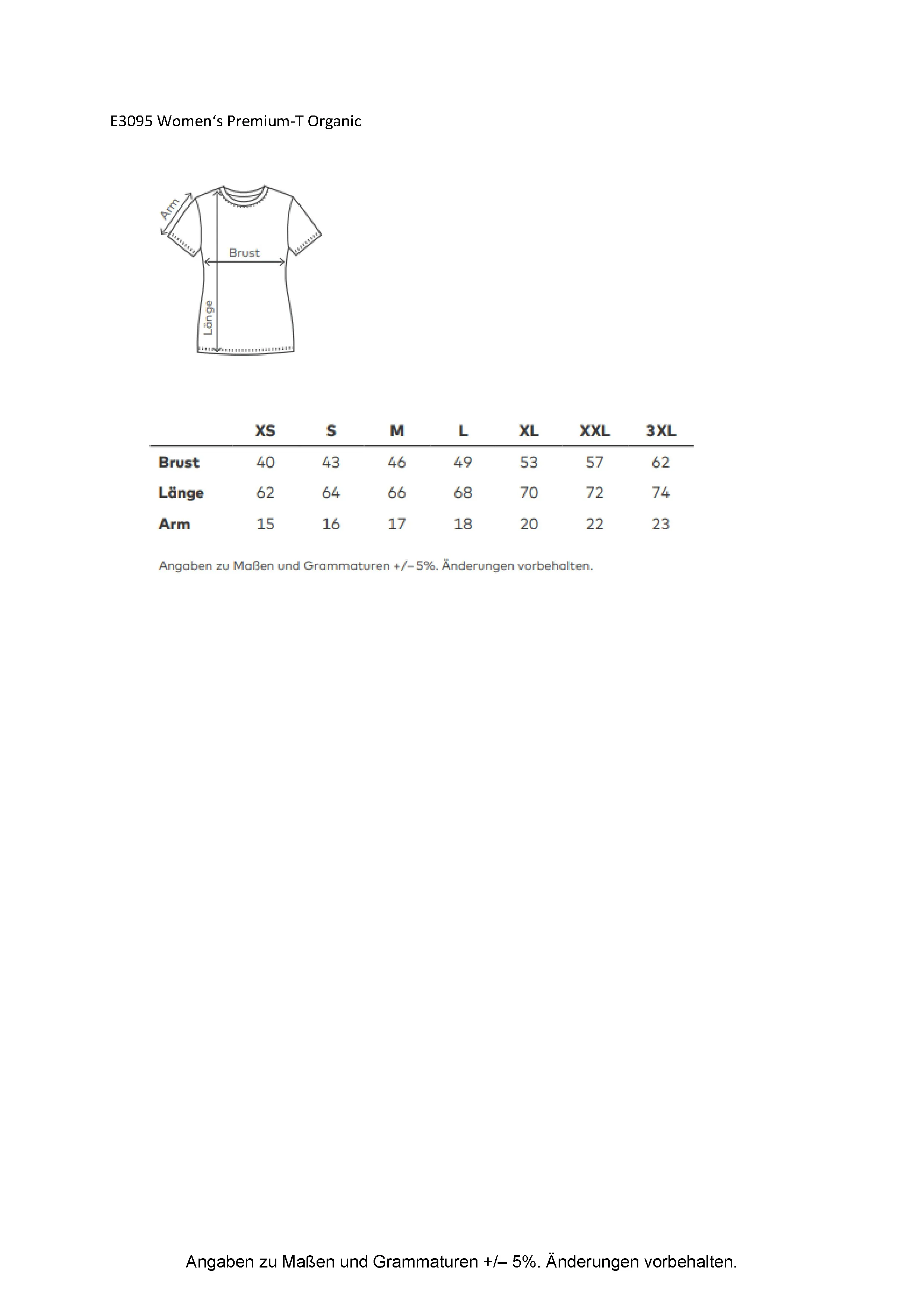 Größentabelle für Women´s Premium-T Organic – E3095