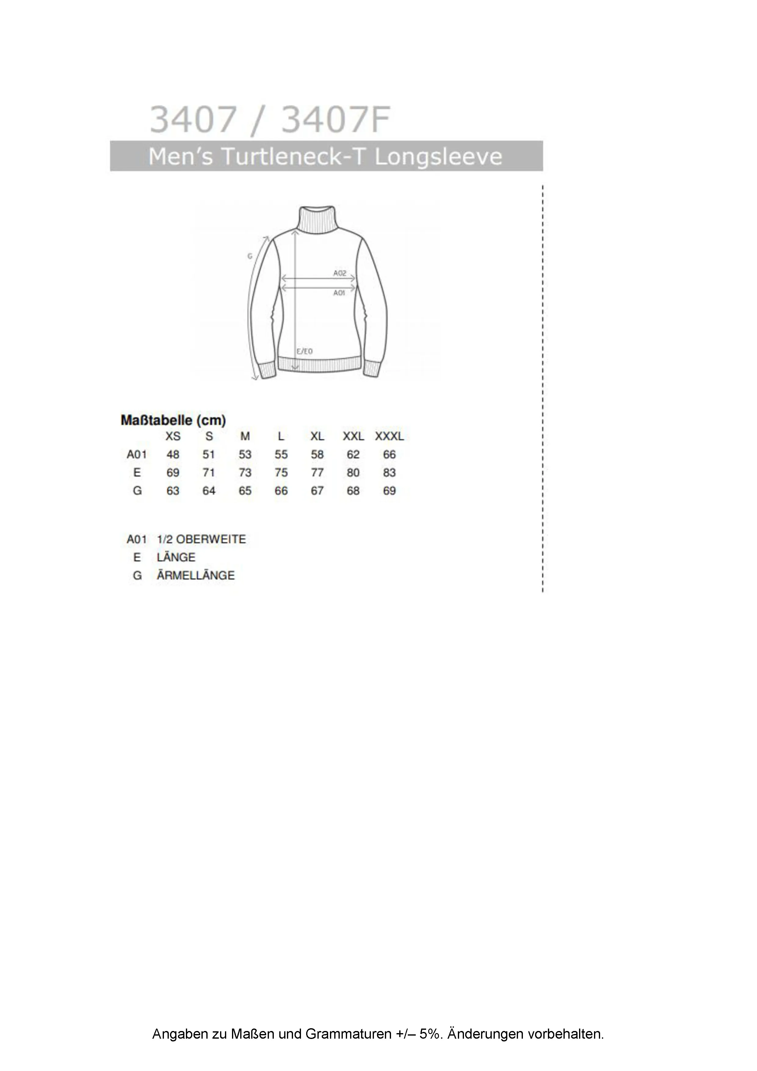 Größentabelle für Men´s Turtleneck-T Long Sleeve – E3407