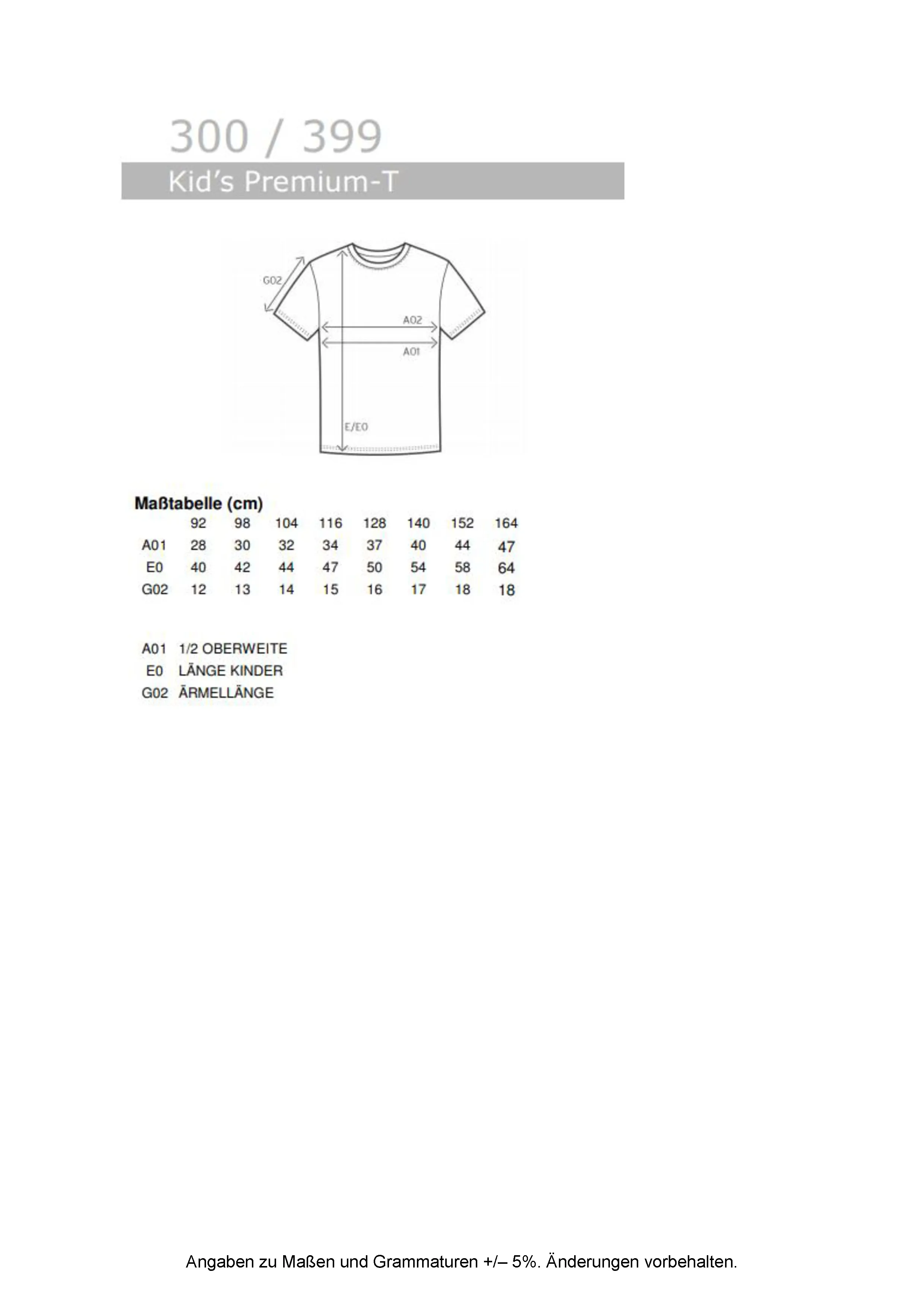 Größentabelle für Kids´ Premium-T – E399