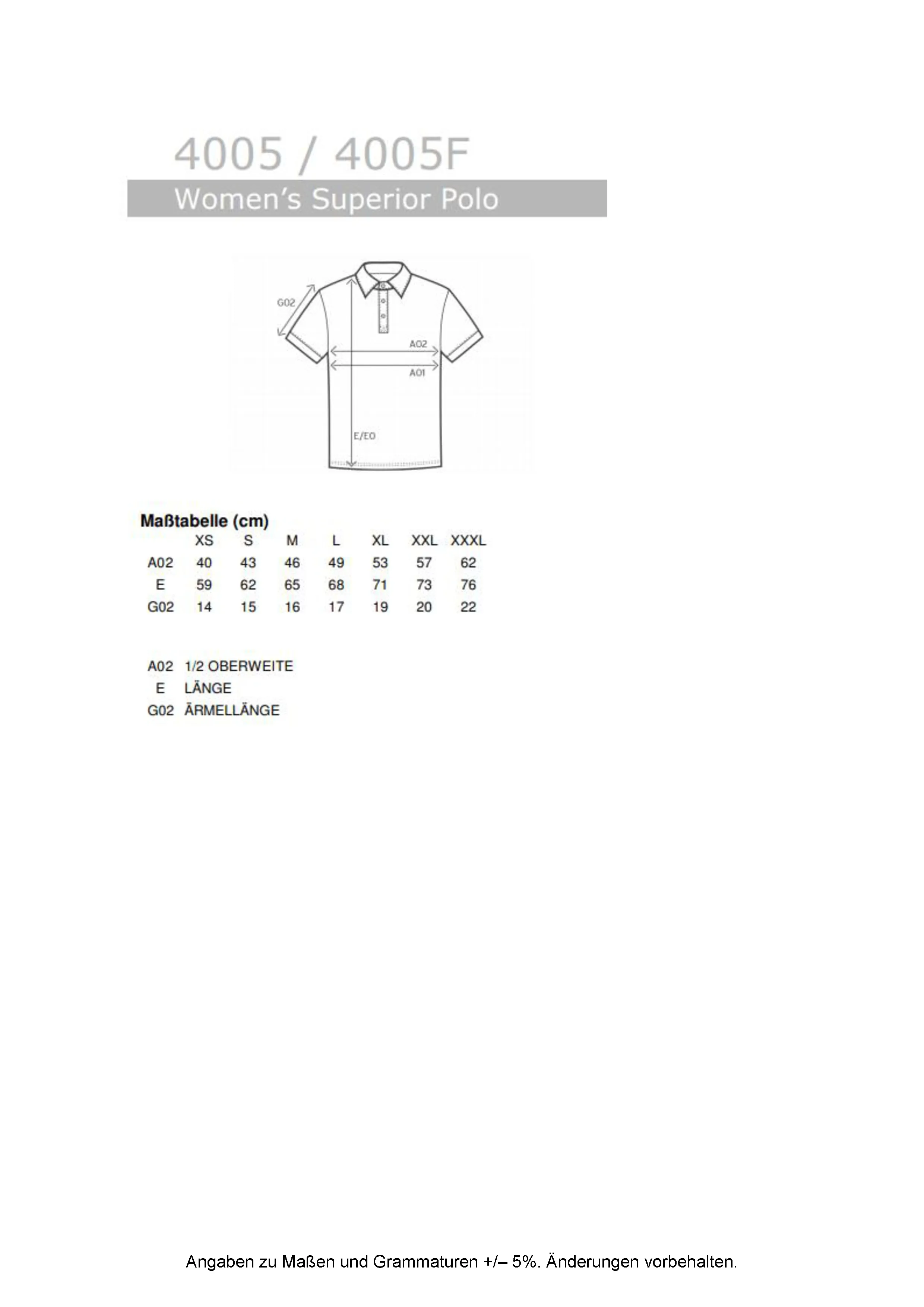 Größentabelle für Women´s Superior Polo – E4005F