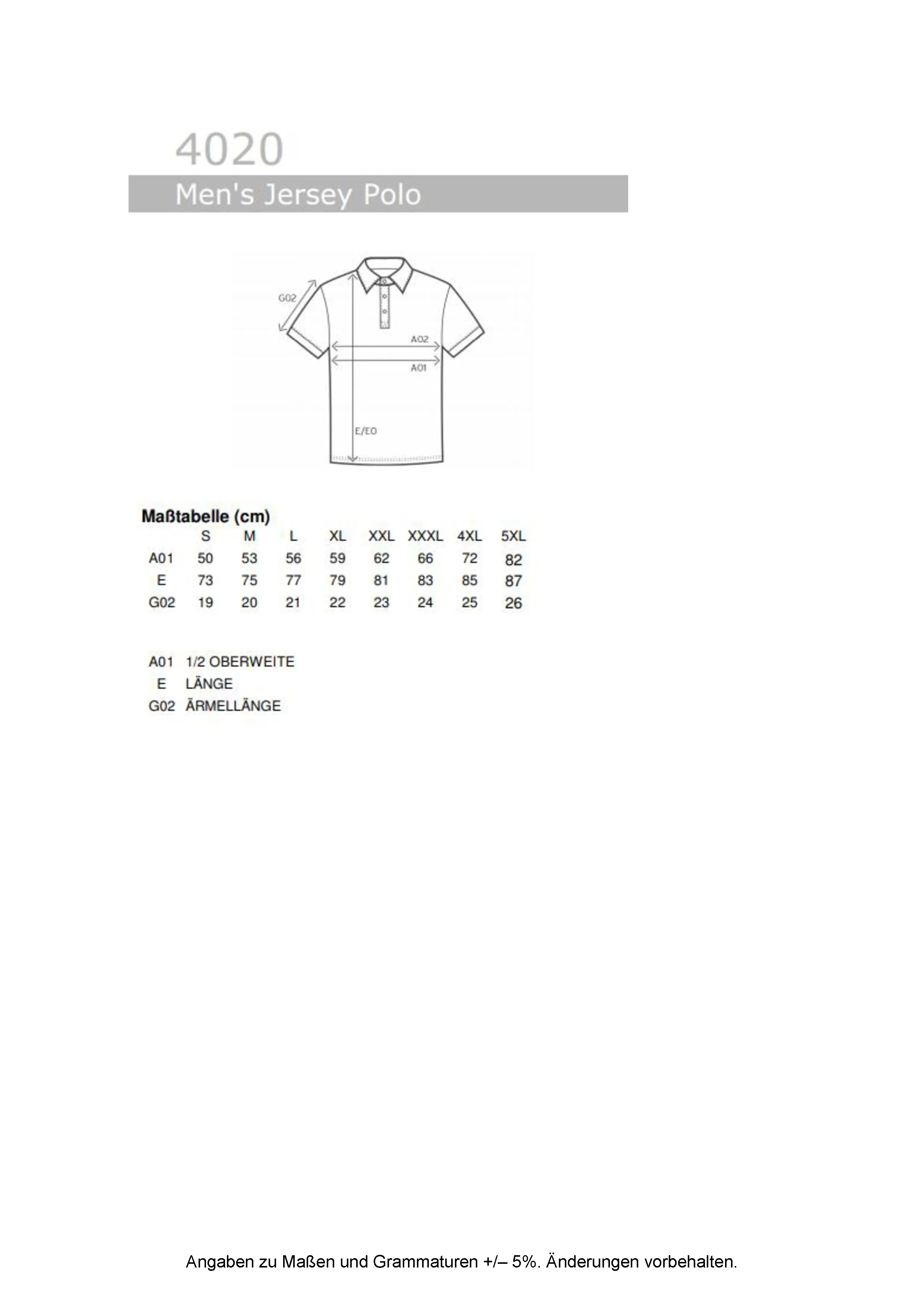 Größentabelle für Men´s Jersey Polo – E4020