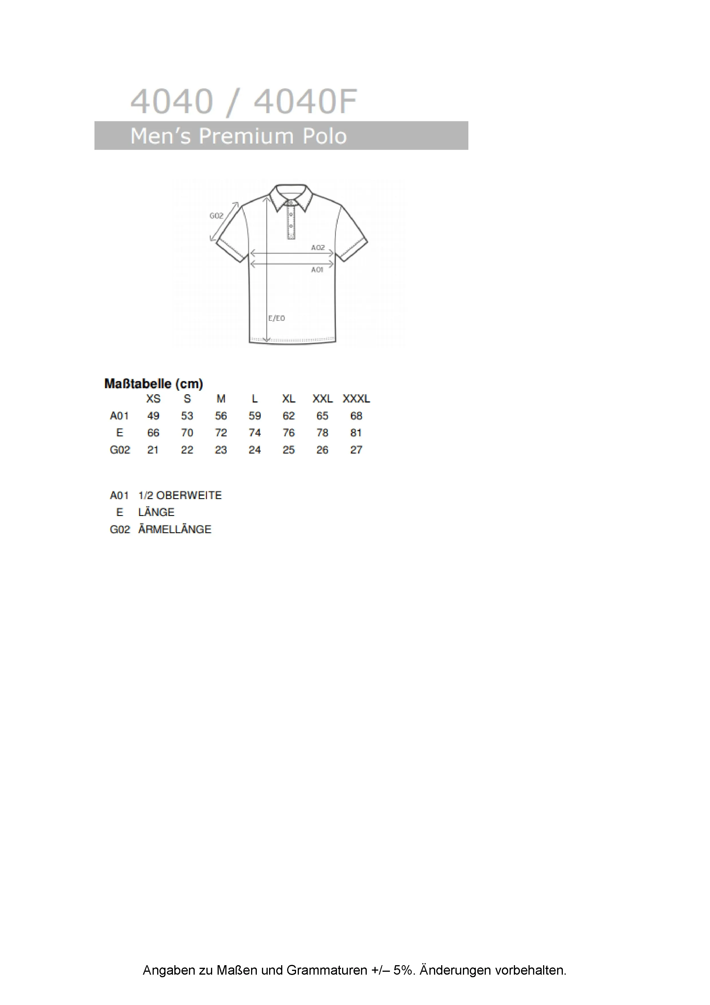 Größentabelle für Men´s Premium Polo – E4040