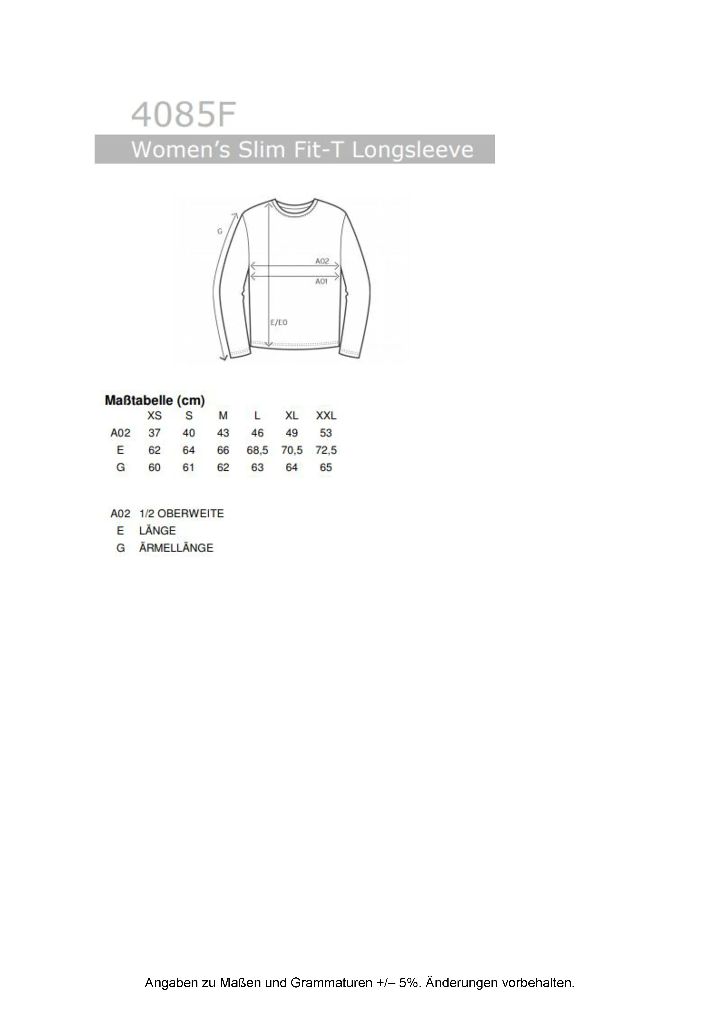 Größentabelle für Women´s Slim Fit-T Long Sleeve – E4085