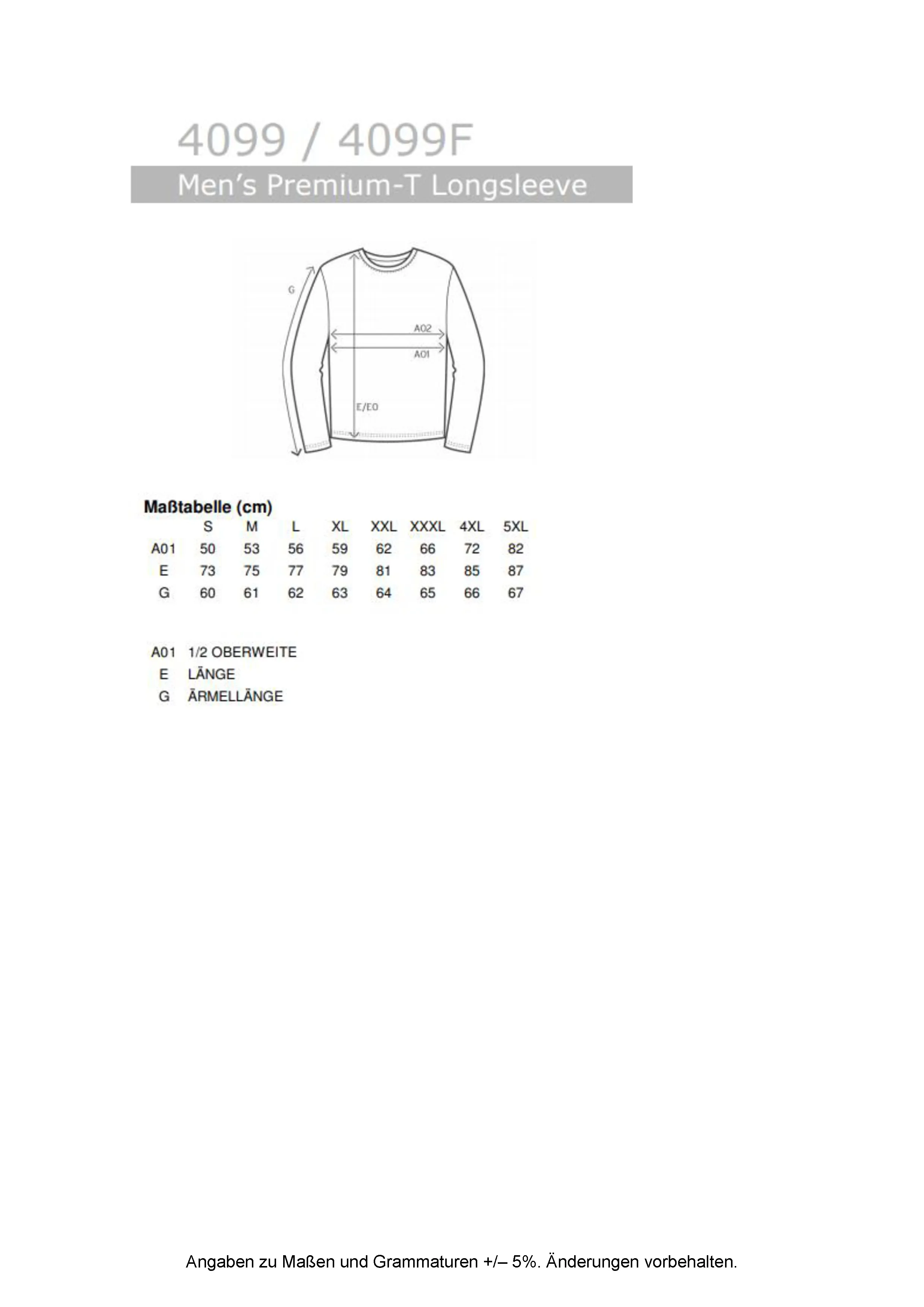 Größentabelle für Men´s Premium-T Long Sleeve – E4099