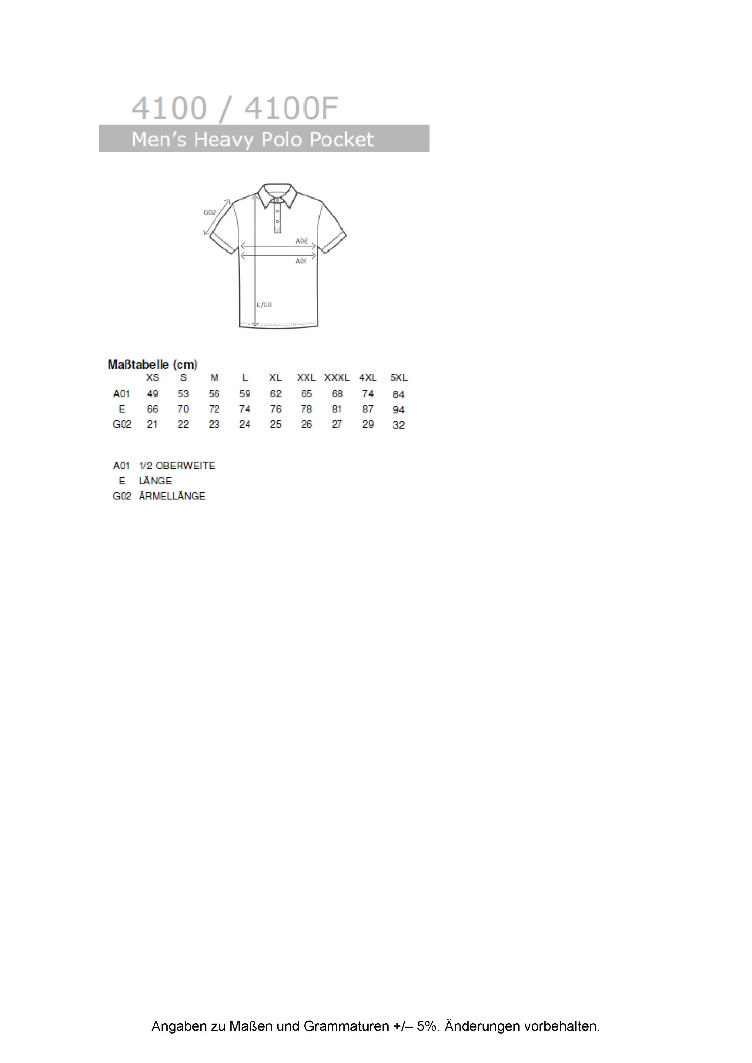 Größentabelle für Men´s Heavy Polo Pocket – E4100