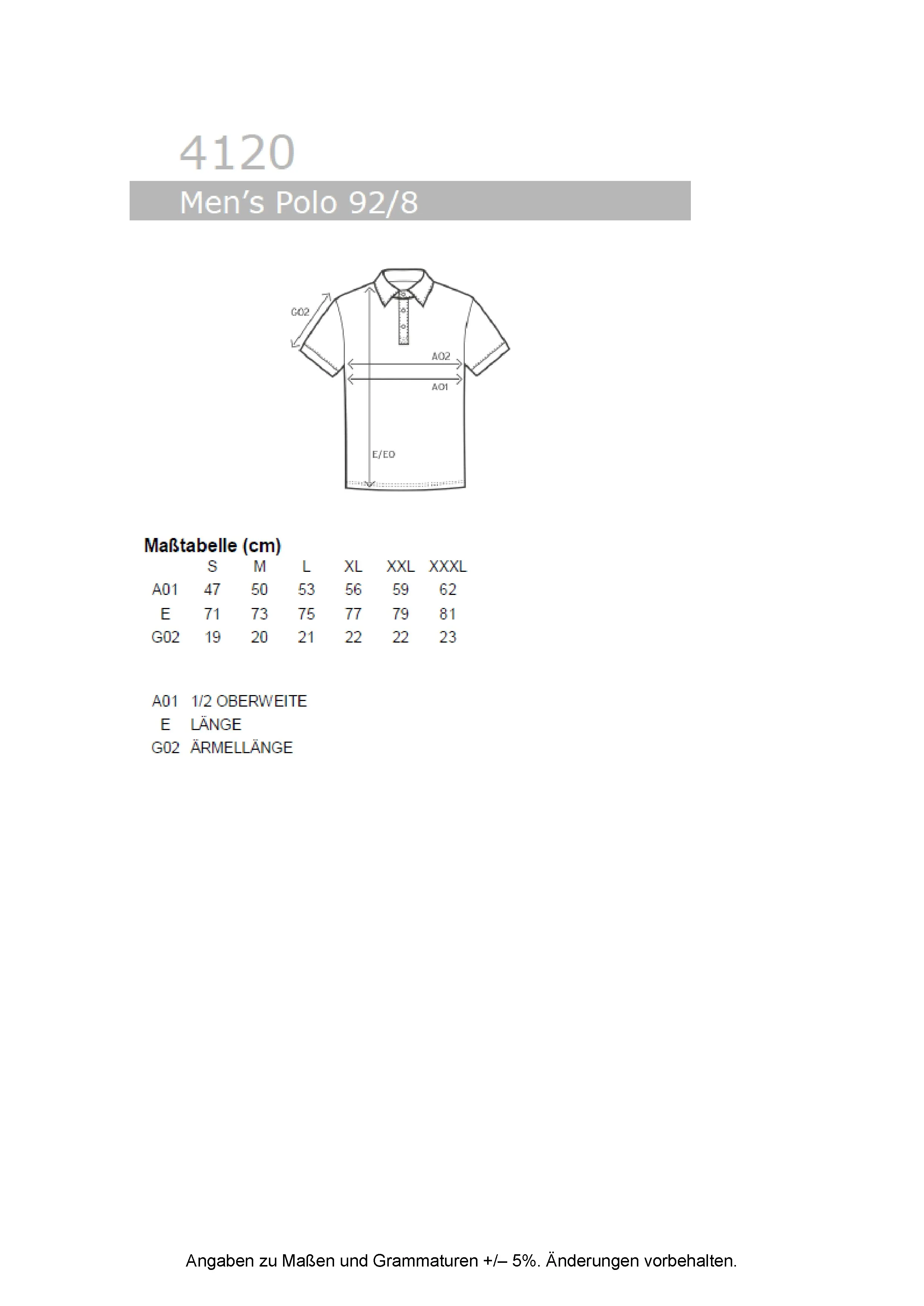 Größentabelle für Men´s Polo 92/8 – E4120