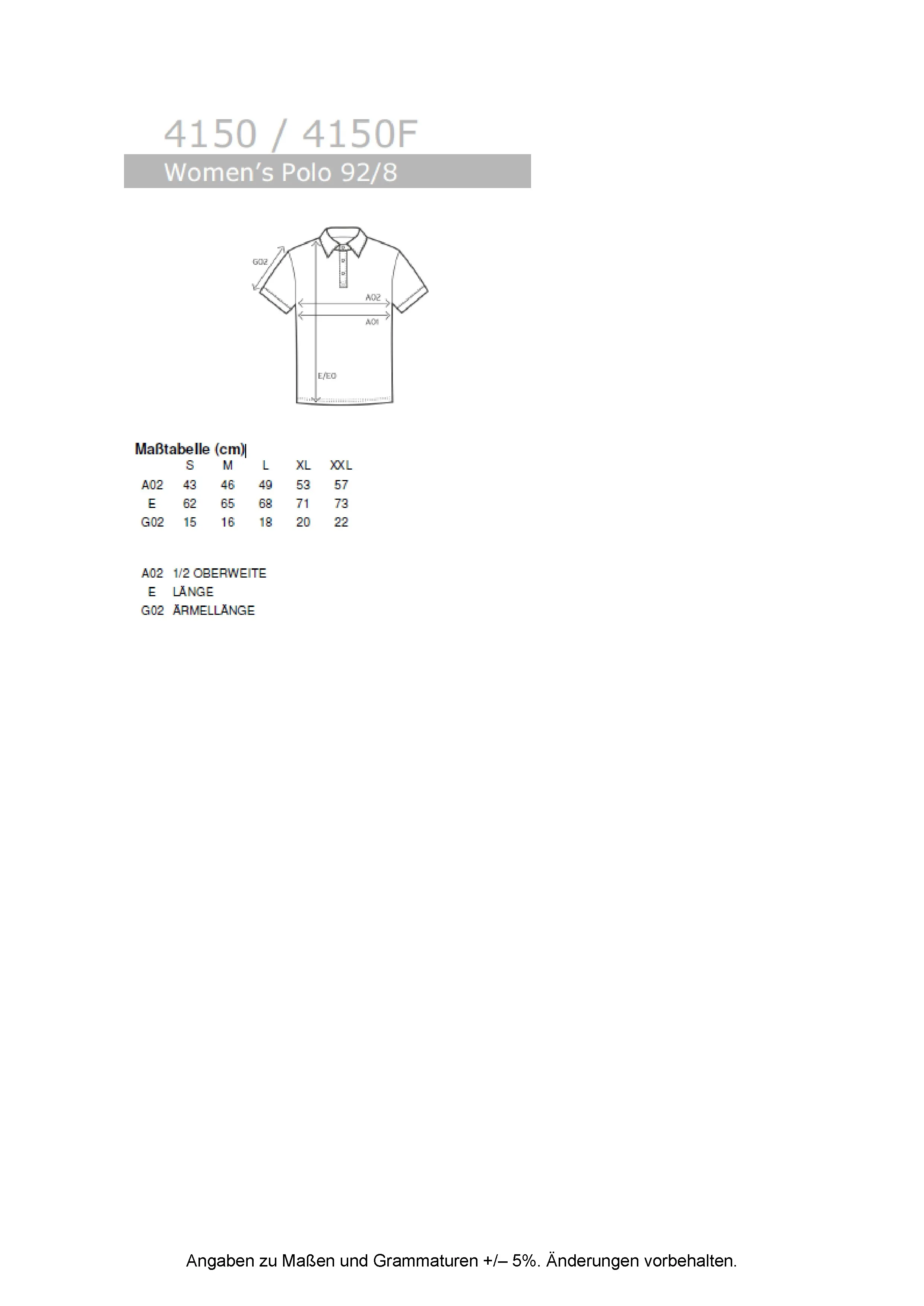 Größentabelle für Women´s Polo 92/8 – E4150