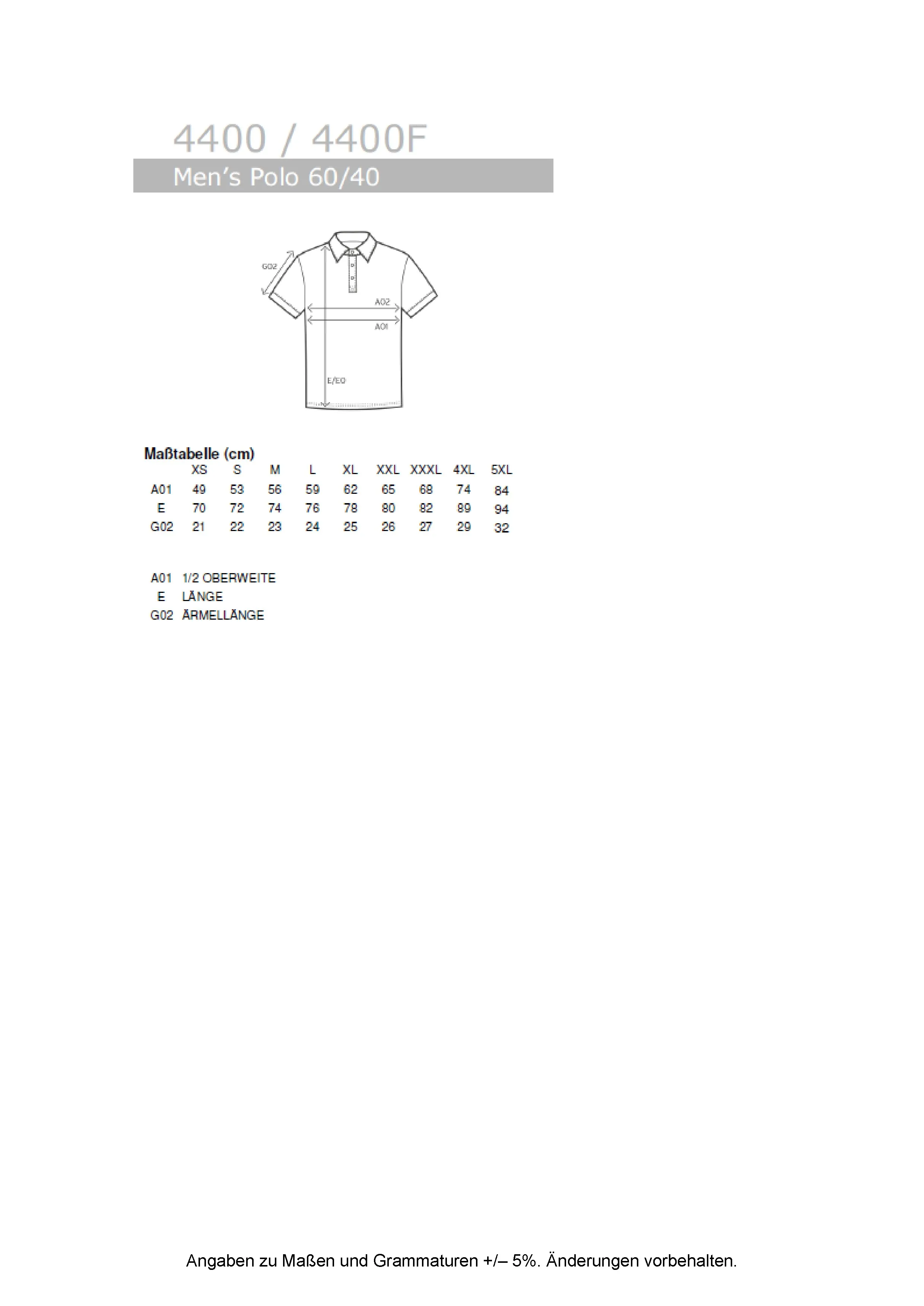 Größentabelle für Men´s Polo – E4400