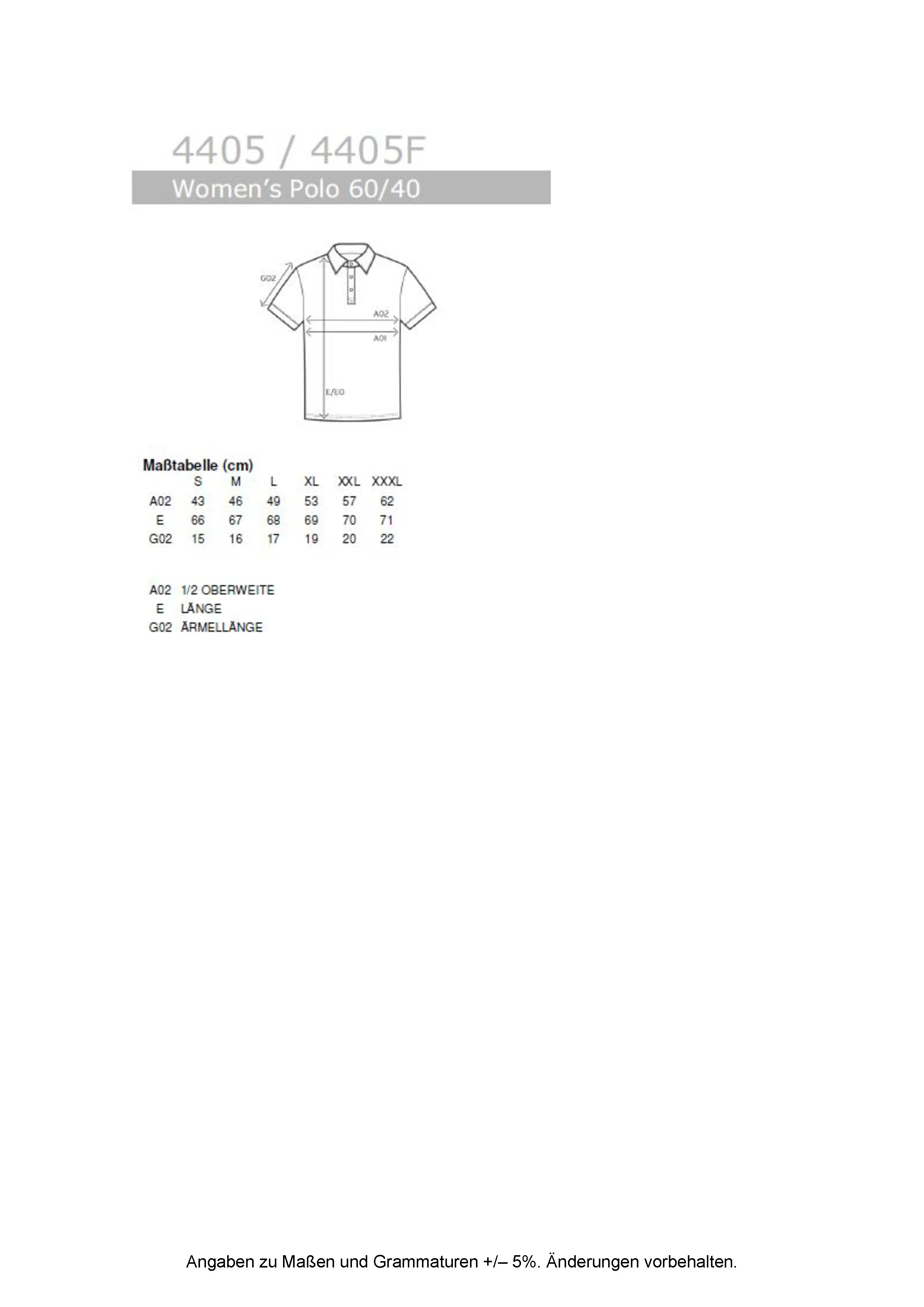 Größentabelle für Women´s Polo – E4405