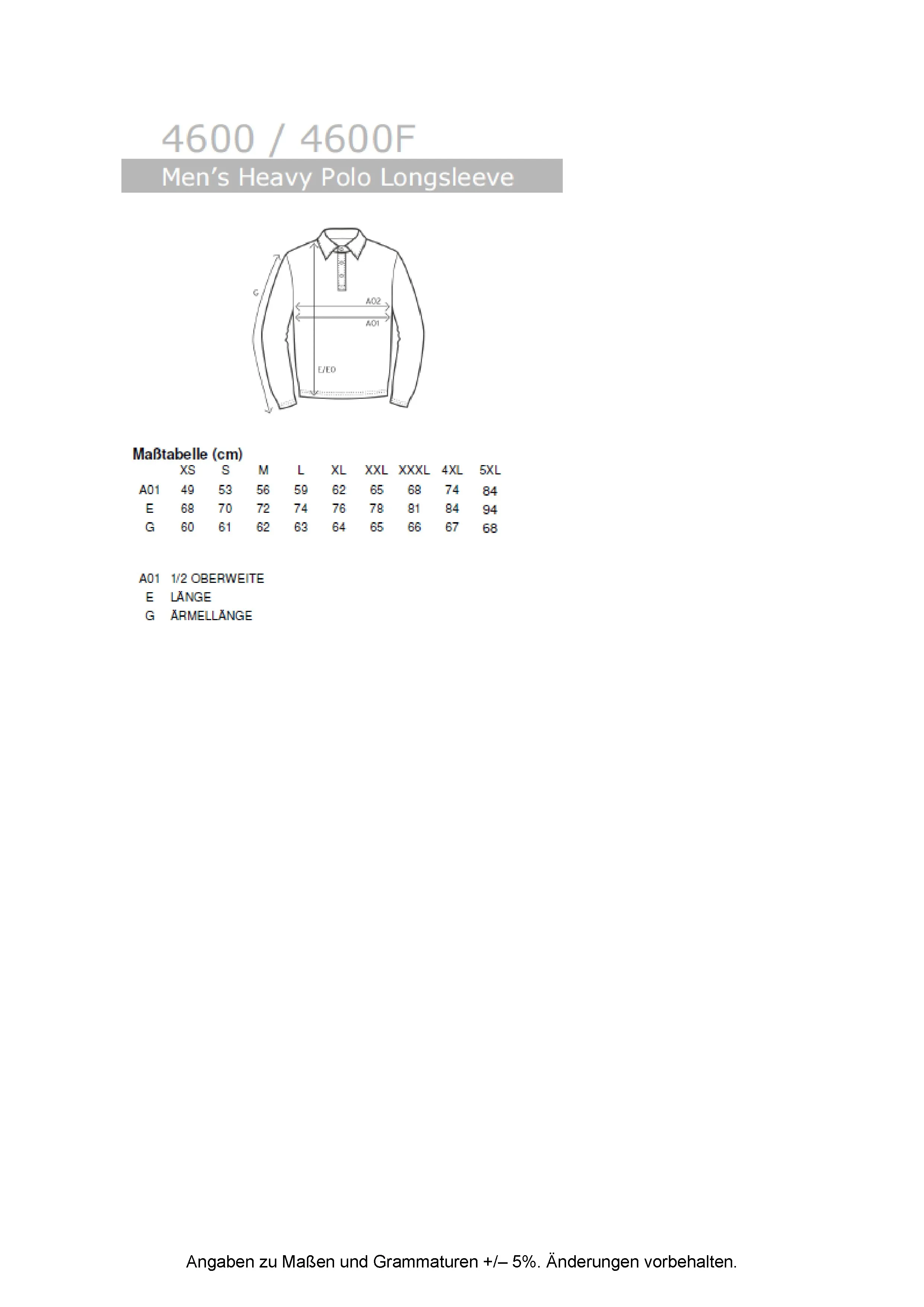 Größentabelle für Men´s Heavy Polo Long Sleeve – E4600
