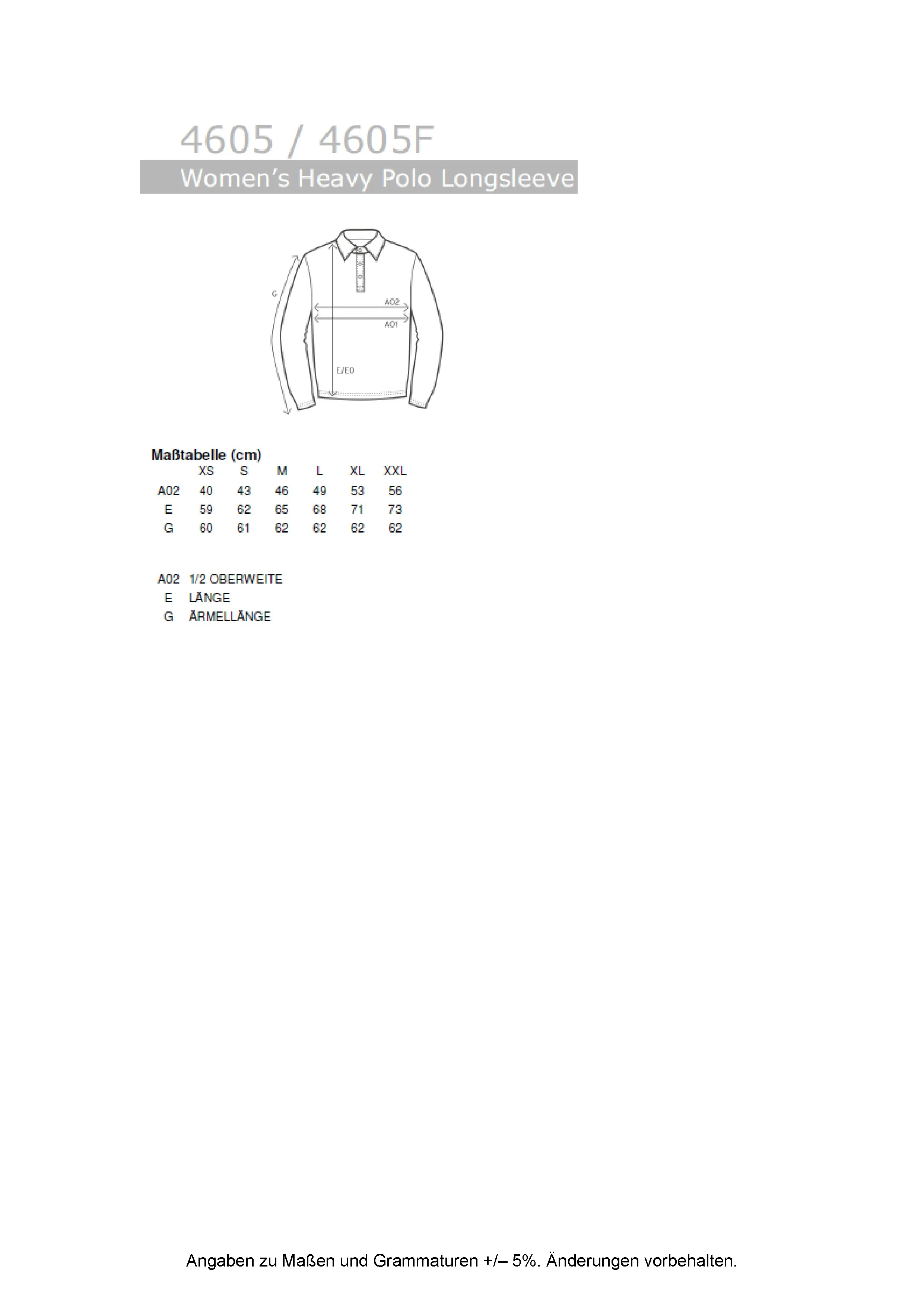 Größentabelle für Women´s Heavy Polo Long Sleeve – E4605