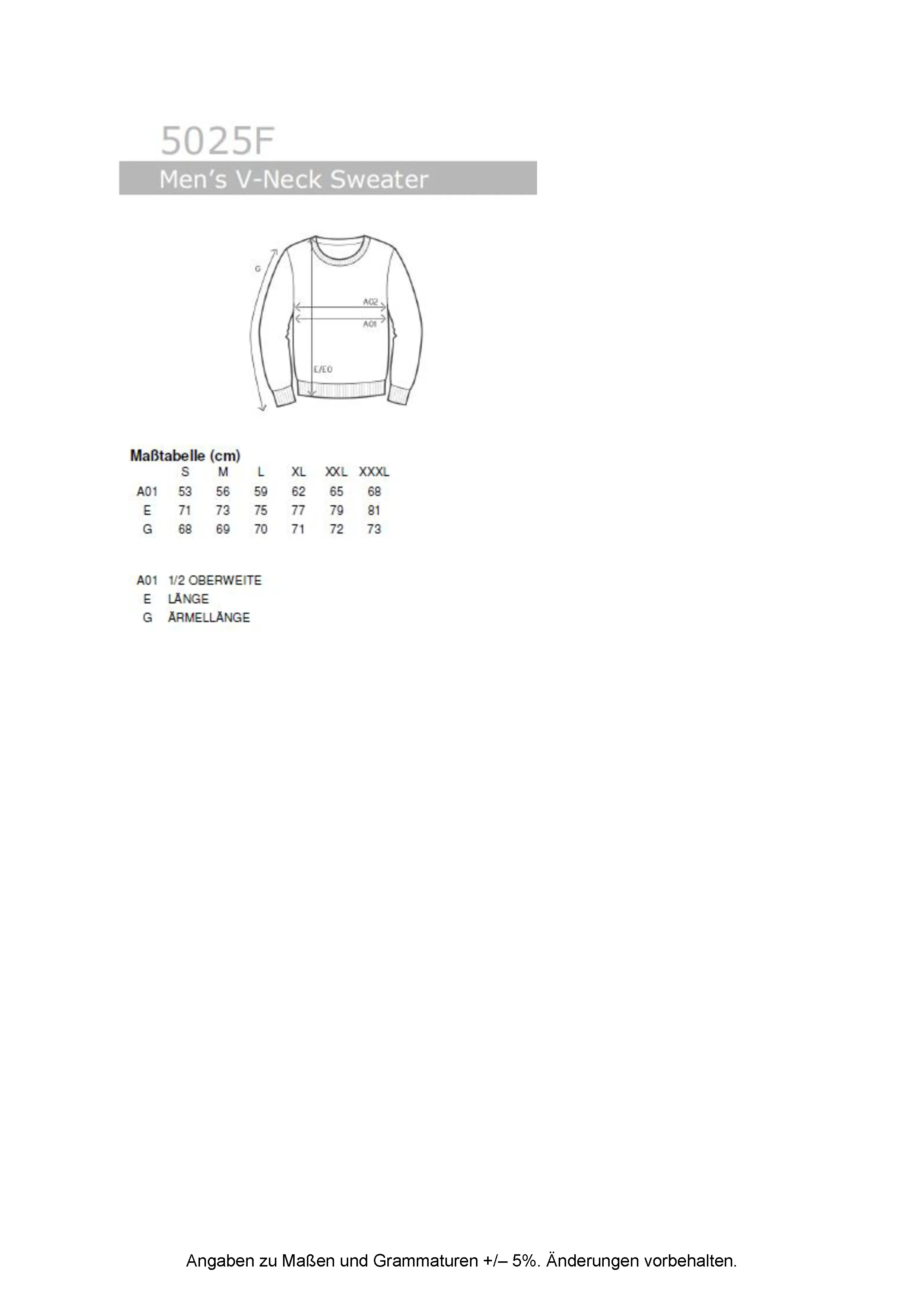 Größentabelle für Men´s V-Neck Sweater – E5025