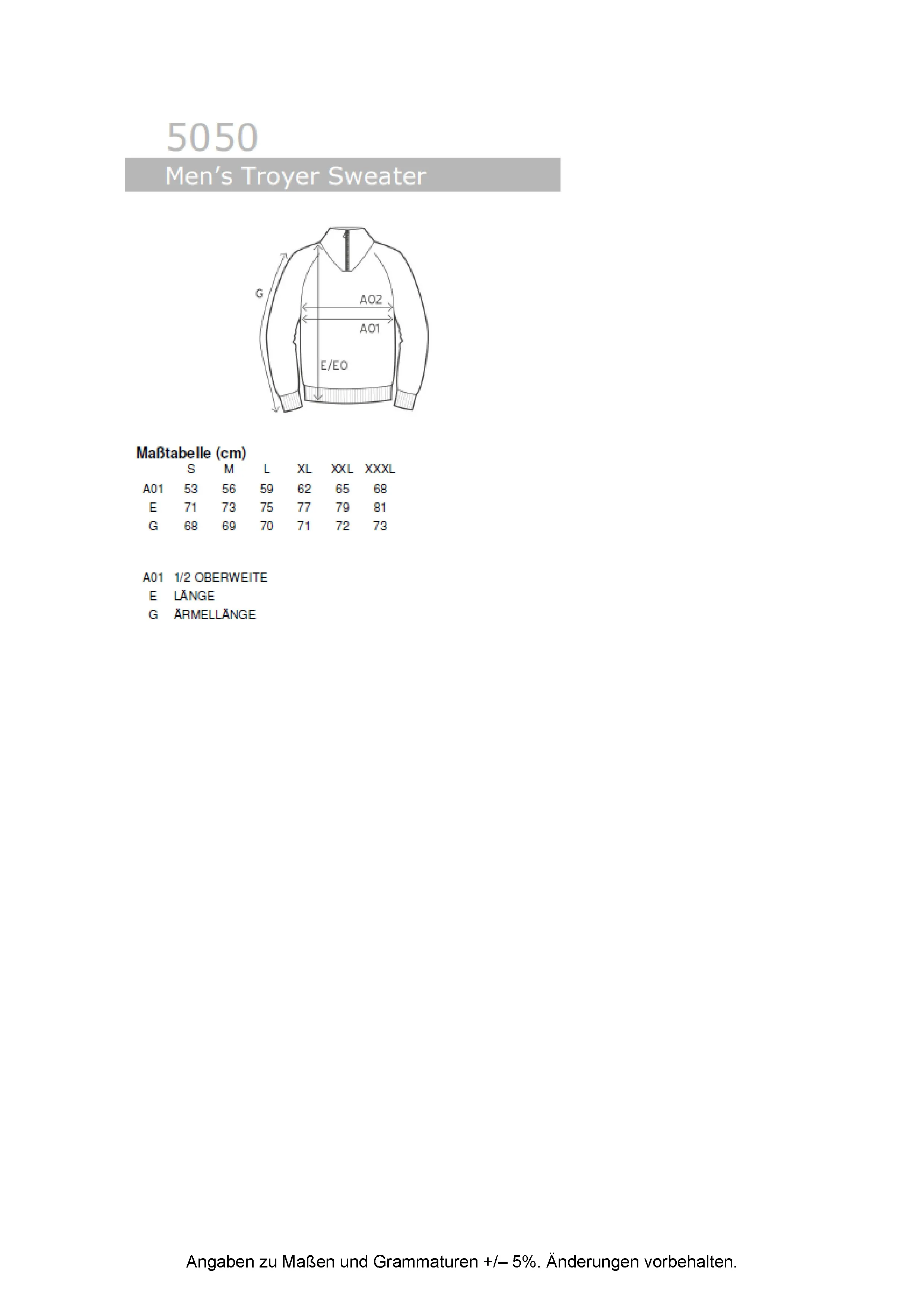 Größentabelle für Men´s New Troyer Sweater – E5050N
