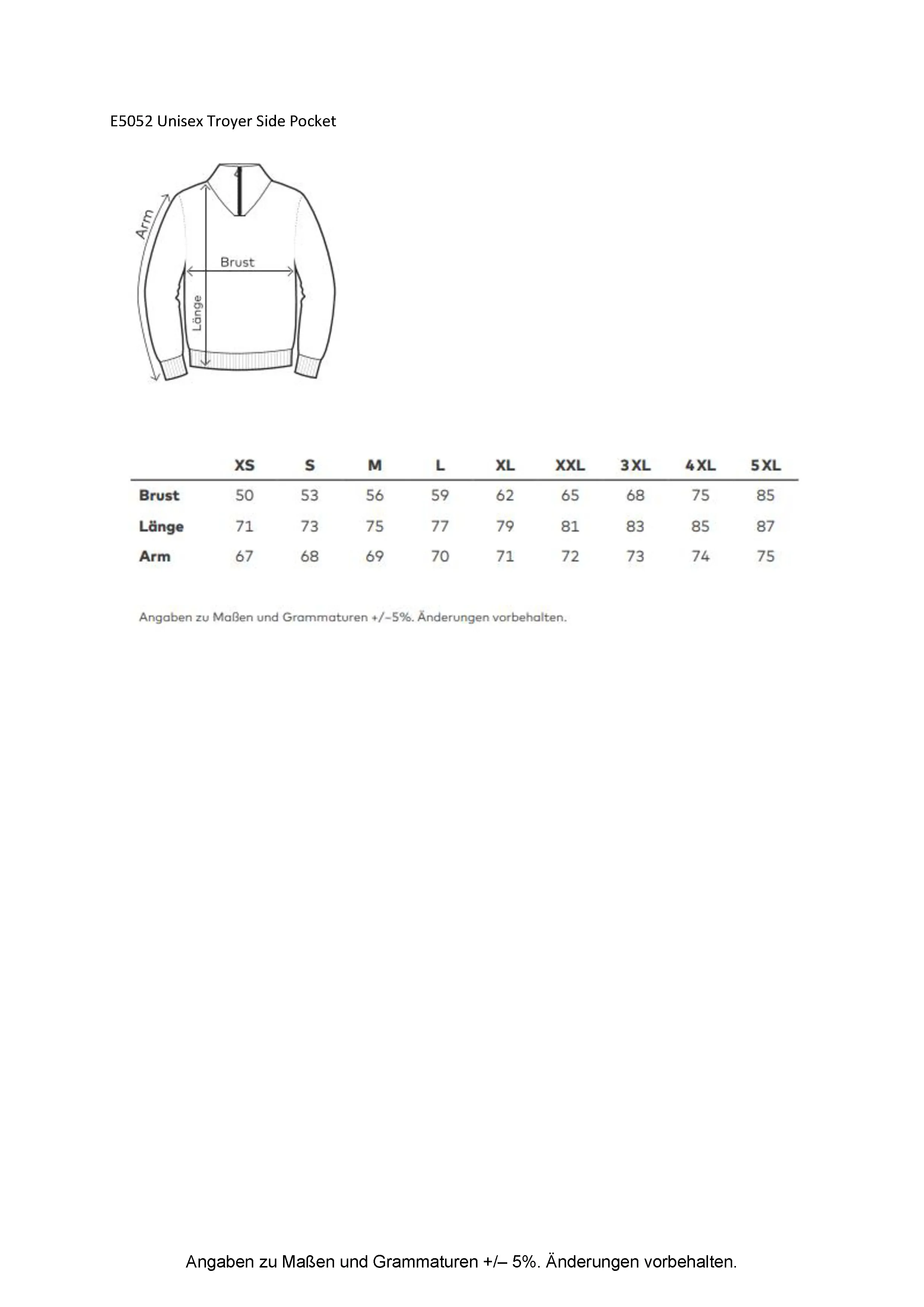 Größentabelle für Unisex Troyer Side Pocket – E5052