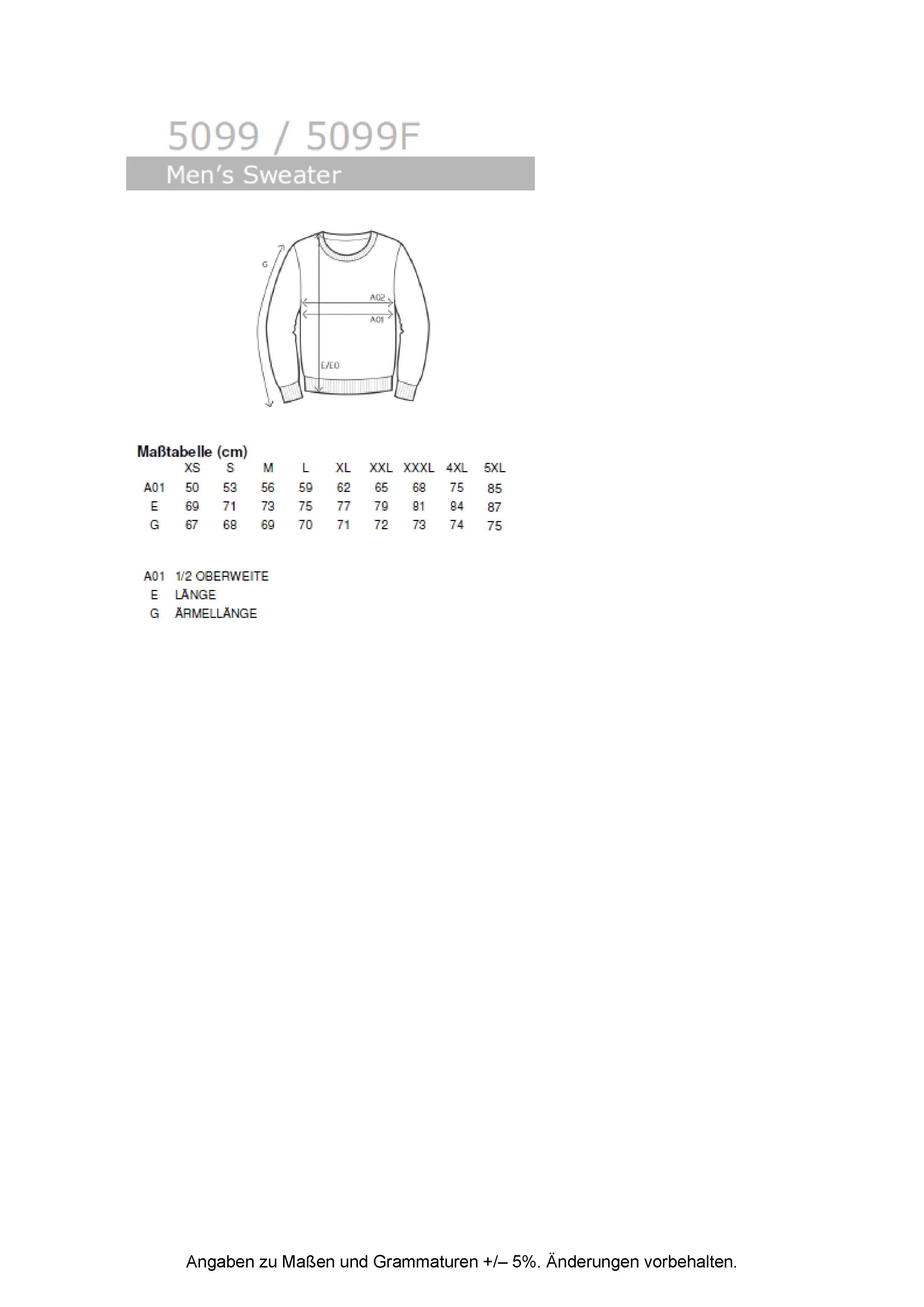 Größentabelle für Men´s New Sweater 100 – E5099N