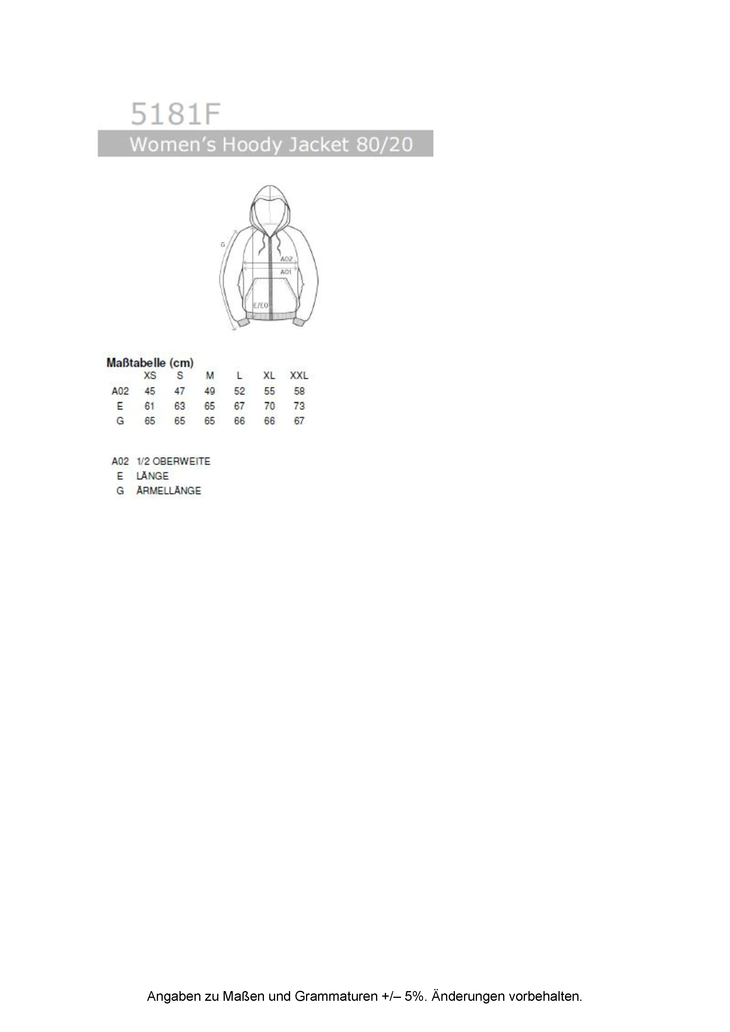 Größentabelle für Women´s Hoody Jacket 80/20 – E5181