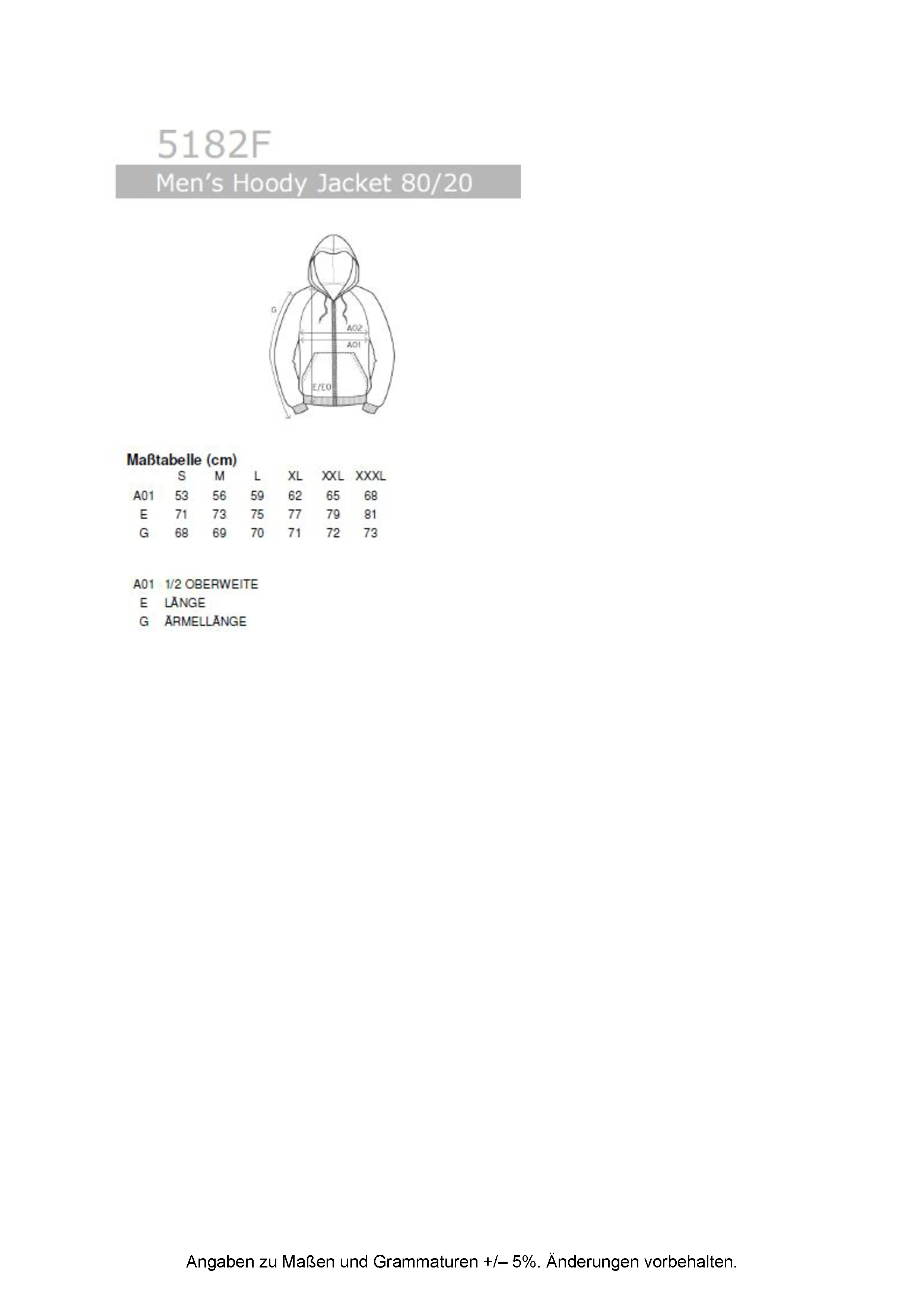 Größentabelle für Men´s Hoody Jacket 80/20 – E5182