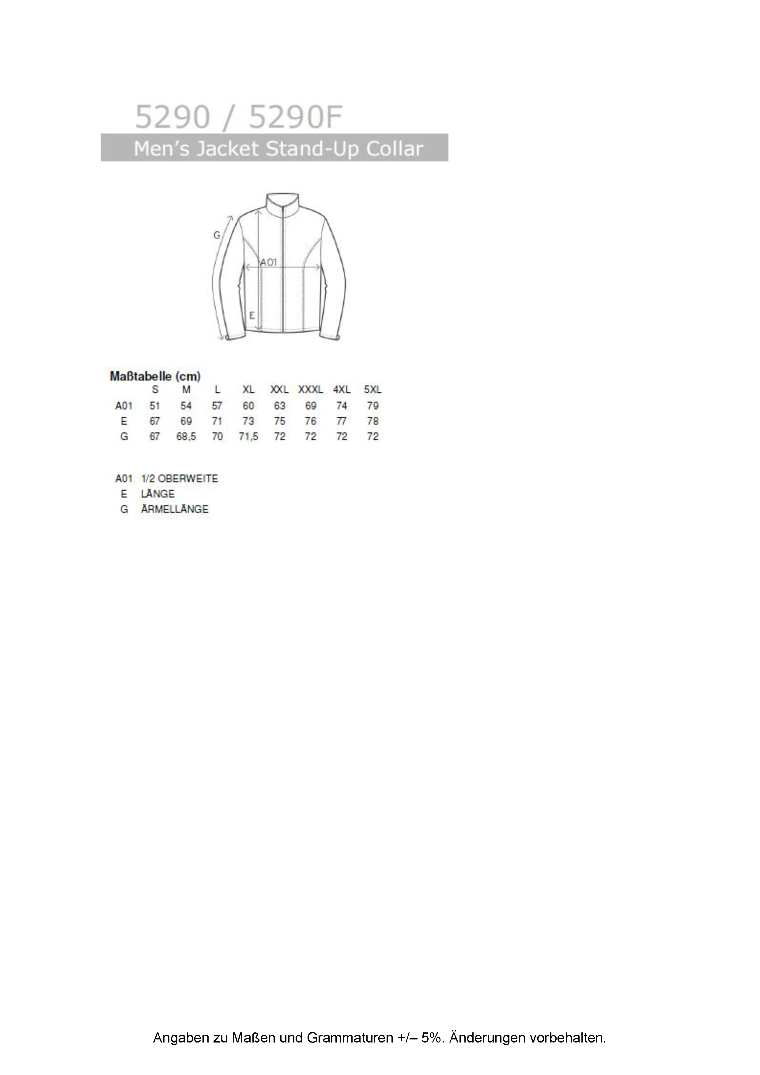 Größentabelle für Men´s Jacket Stand-Up Collar – E5290