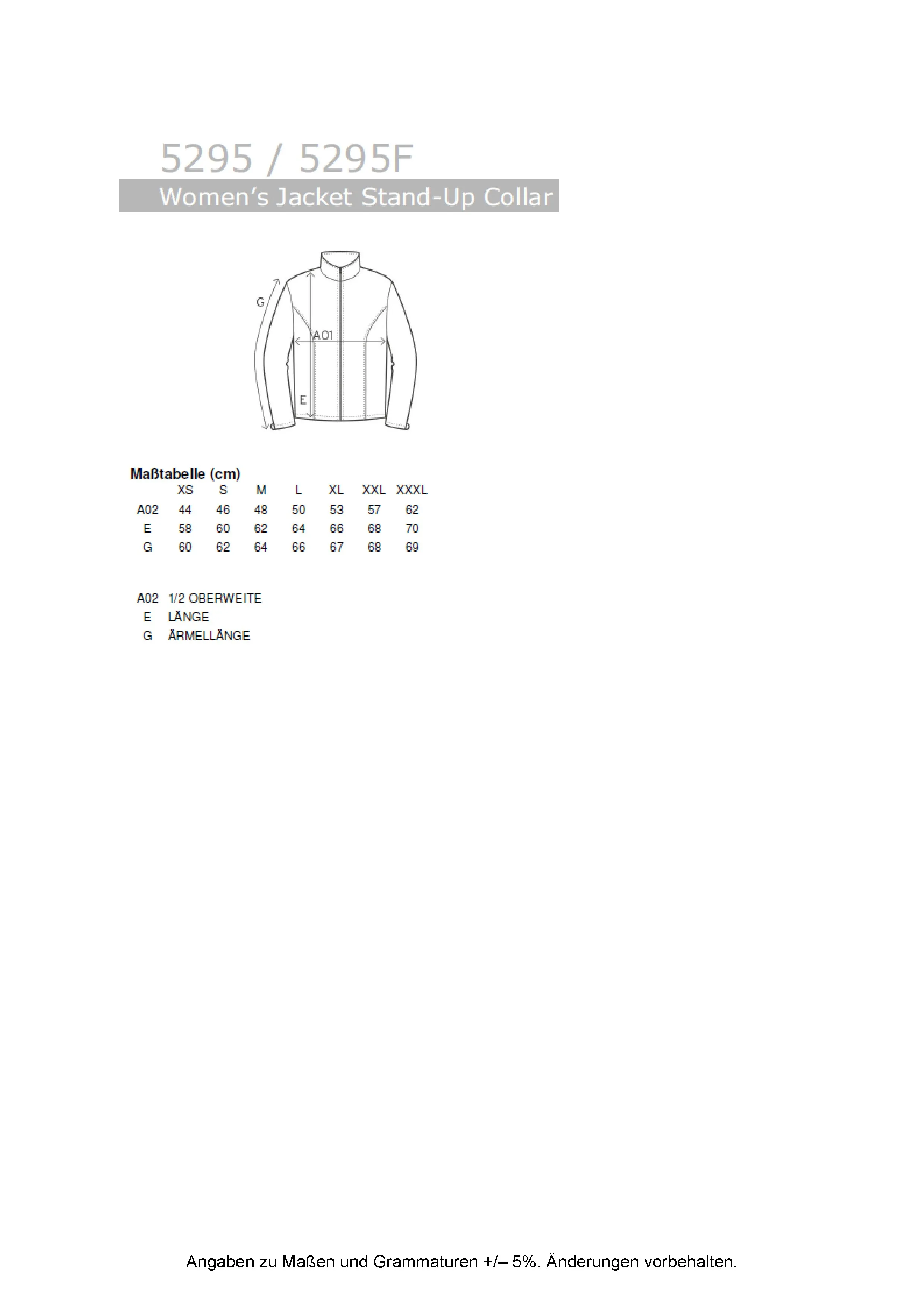 Größentabelle für Women´s Jacket Stand-Up Collar – E5295