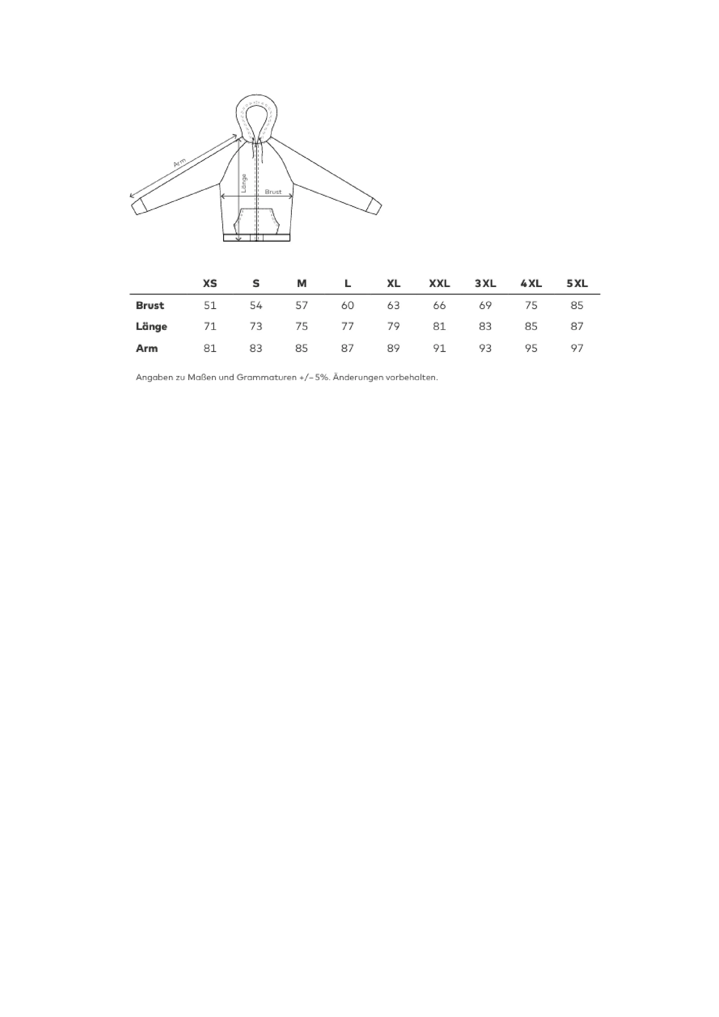 Größentabelle für Unisex Heavy Hoodie Jacket – E5500