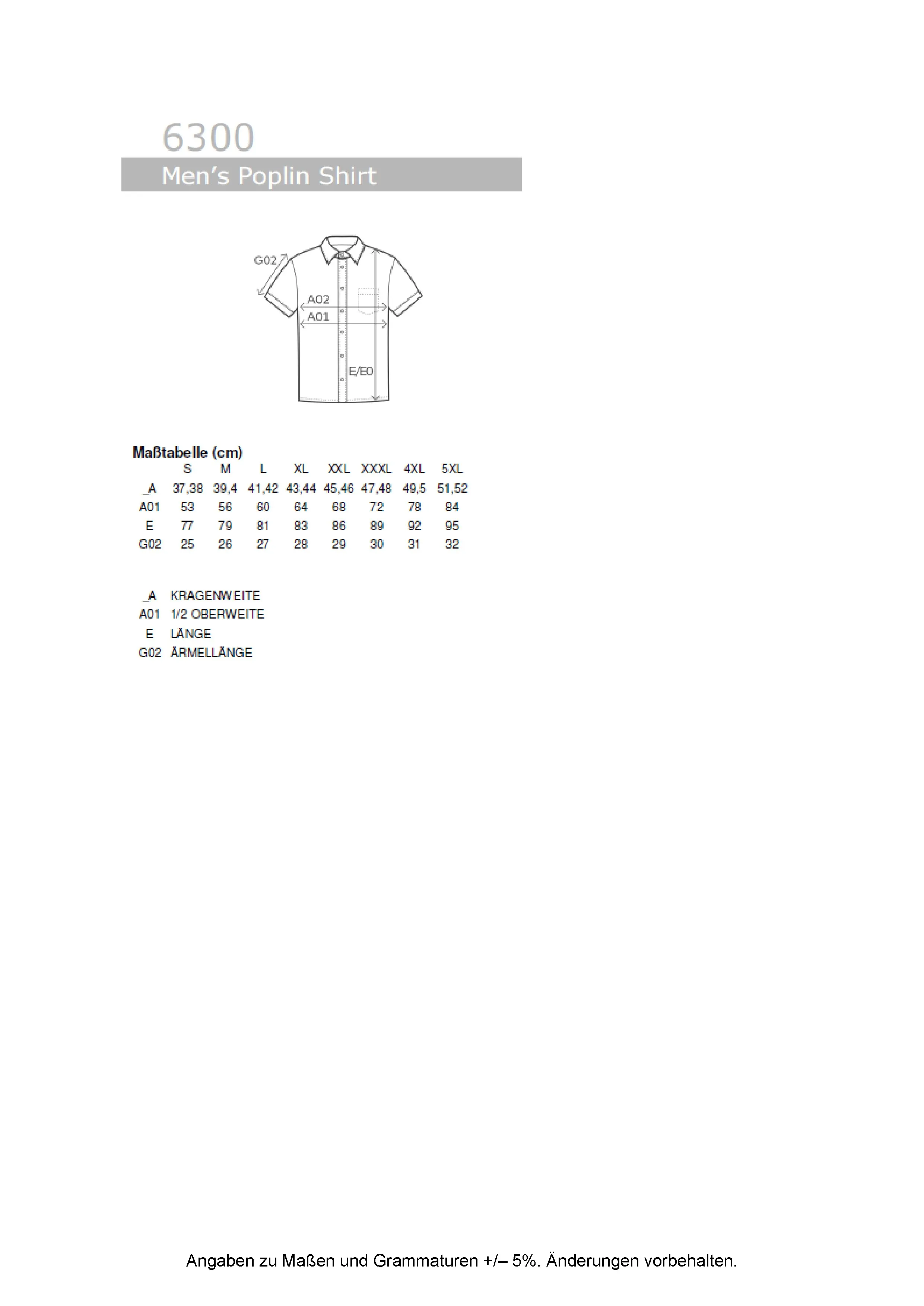 Größentabelle für Men´s Poplin Shirt Short Sleeve – E6300