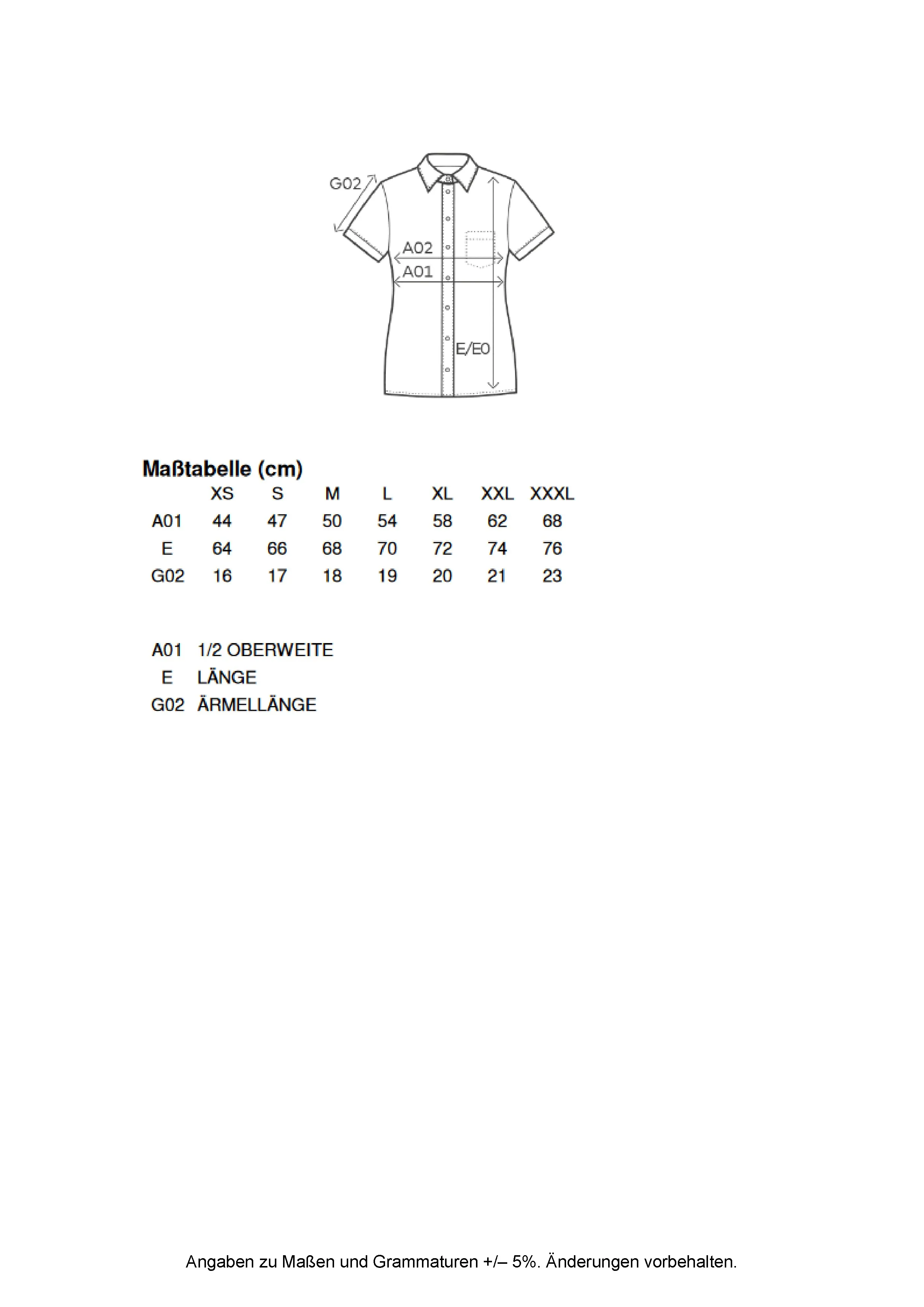 Größentabelle für Women´s Poplin Shirt Short Sleeve – E6305