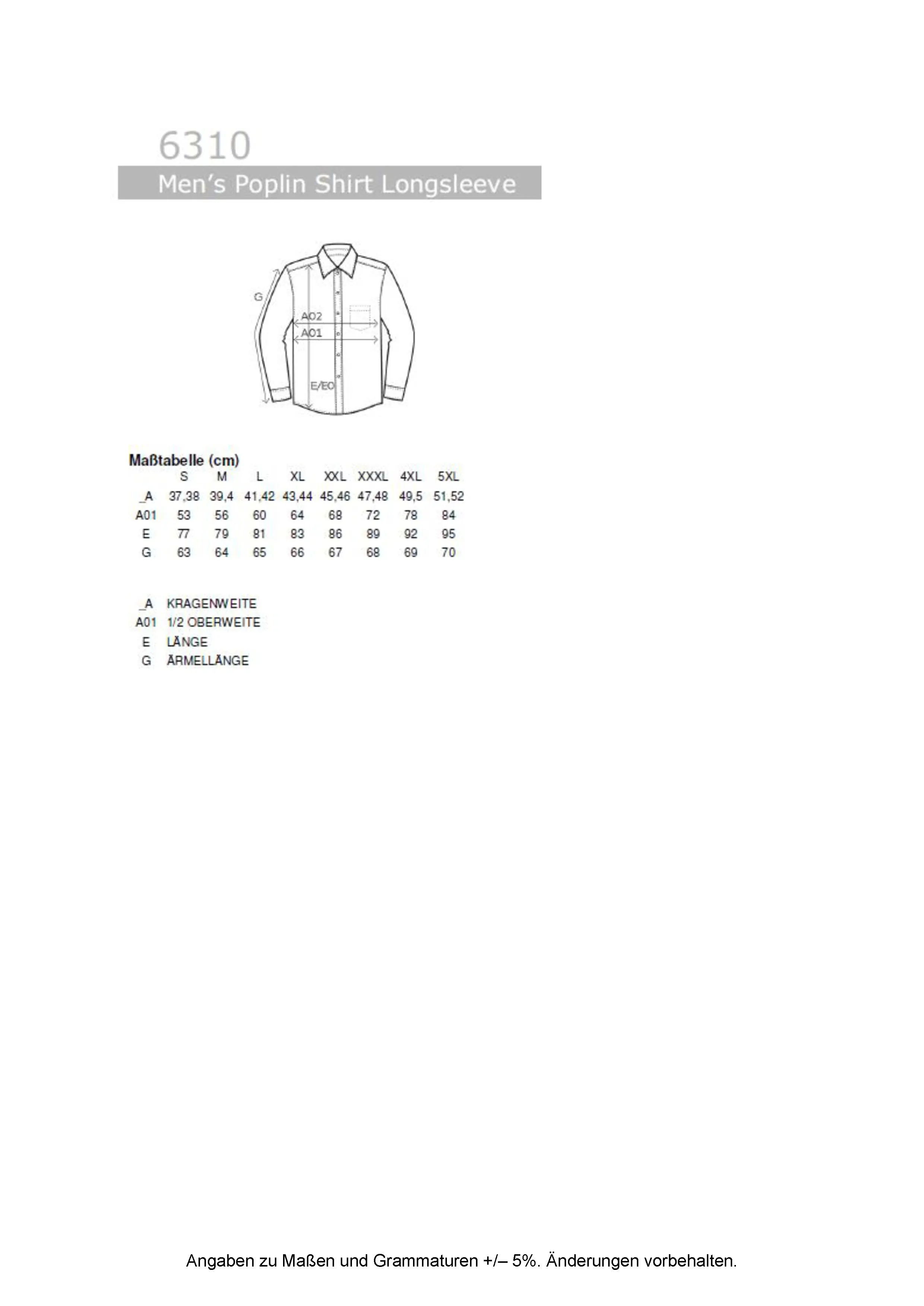 Größentabelle für Men´s Poplin Shirt Long Sleeve – E6310