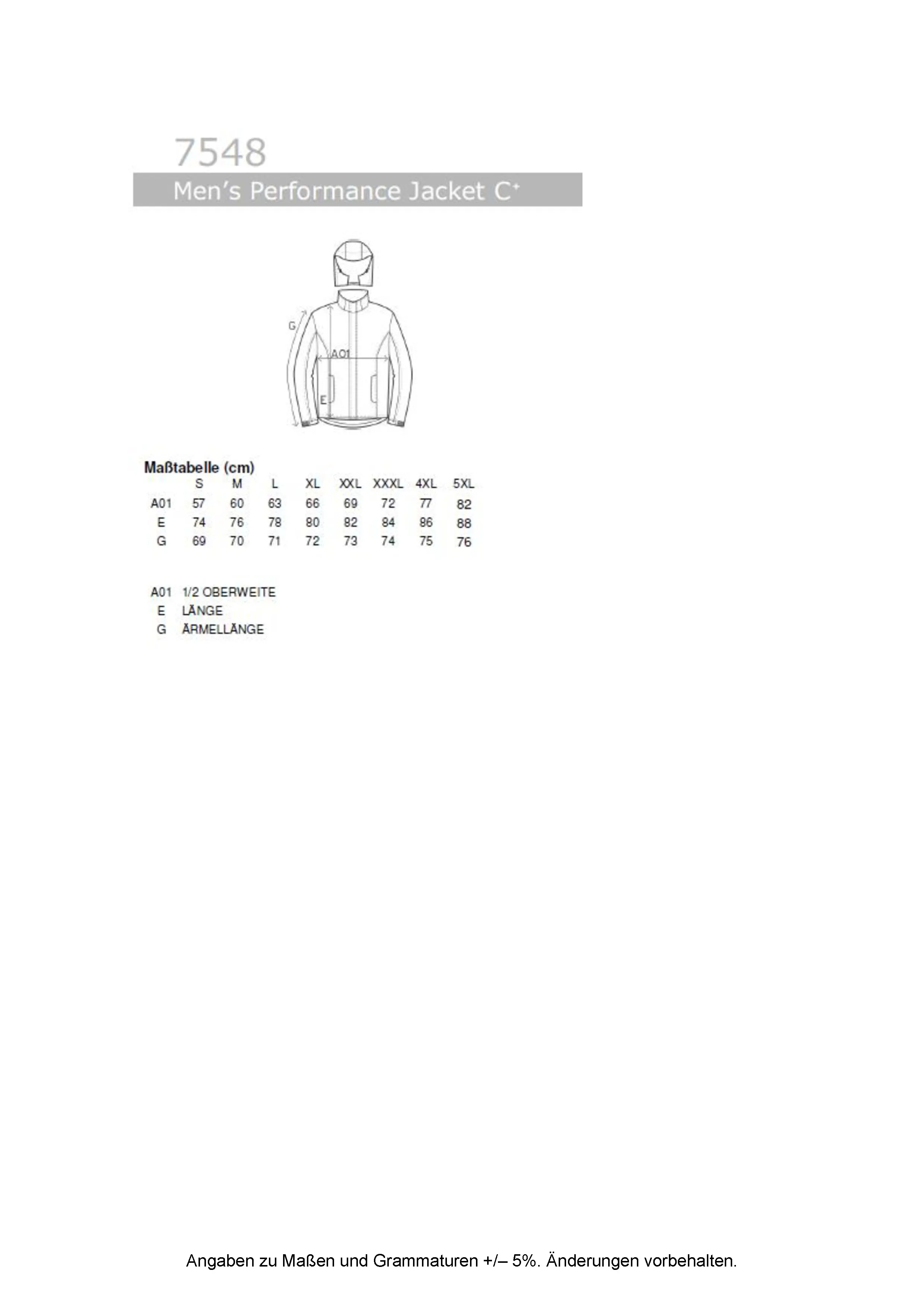 Größentabelle für Men´s Performance Jacket C+ – E7548
