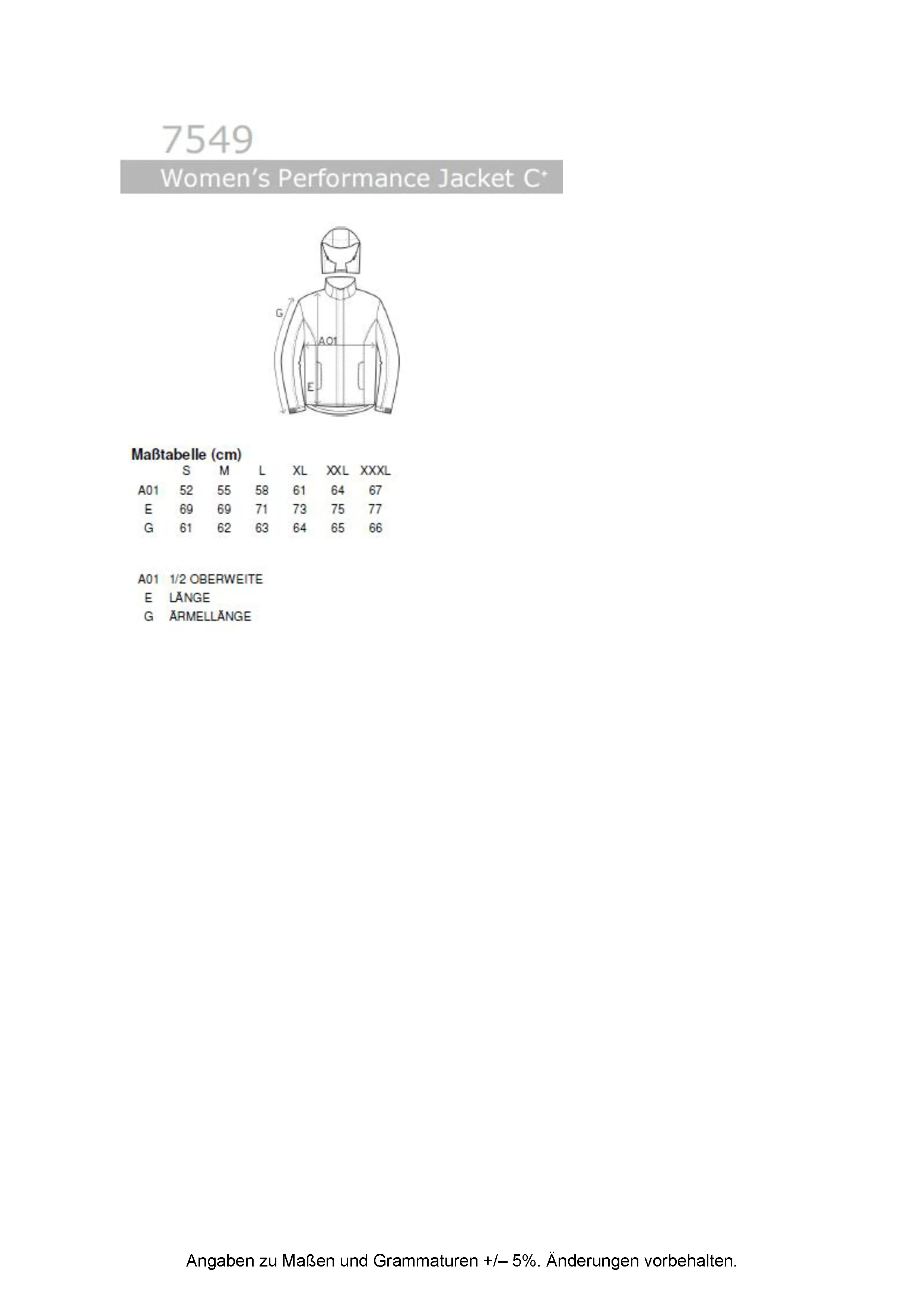Größentabelle für Women´s Performance Jacket C+ – E7549