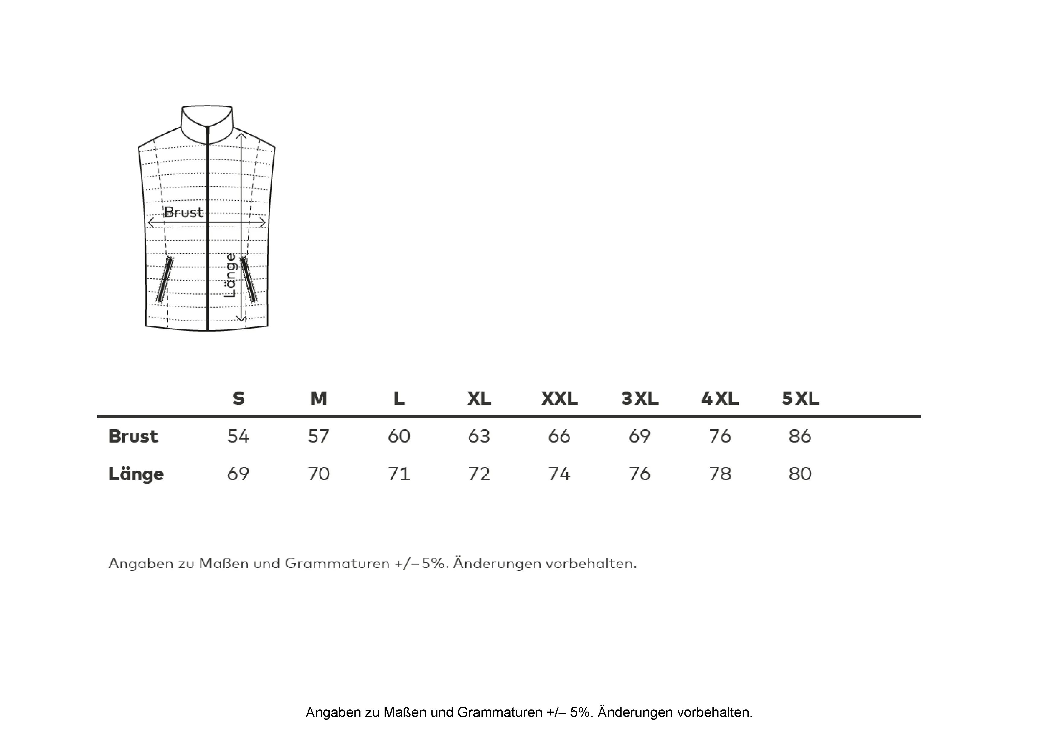 Größentabelle für Men´s Padded Vest – E7634