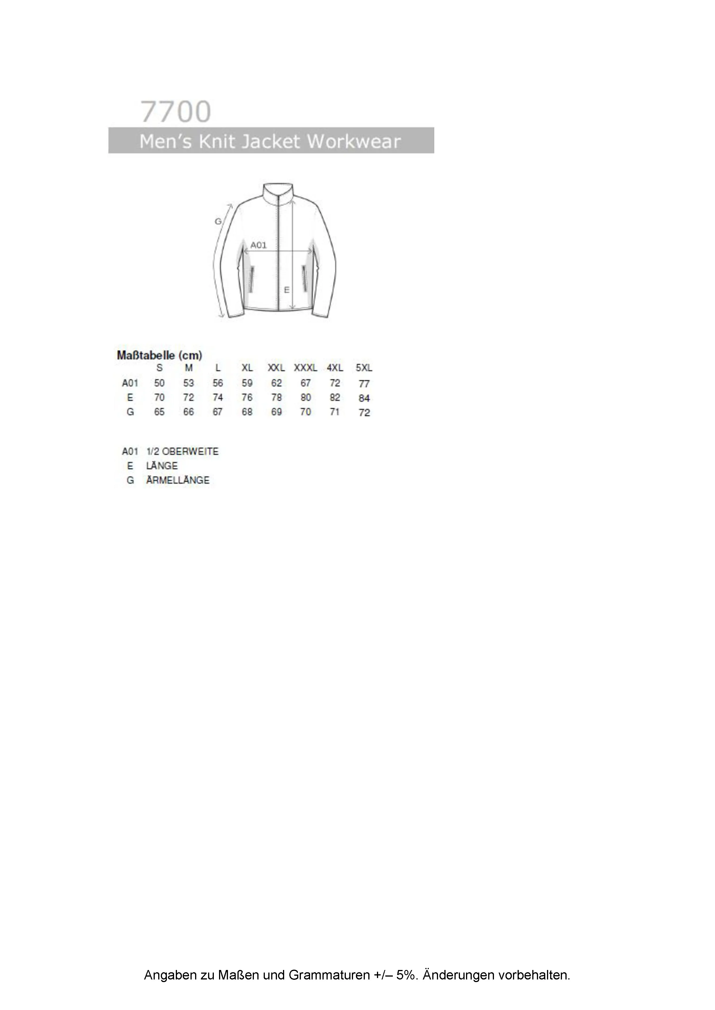 Größentabelle für Men´s Knit Jacket Workwear – E7700