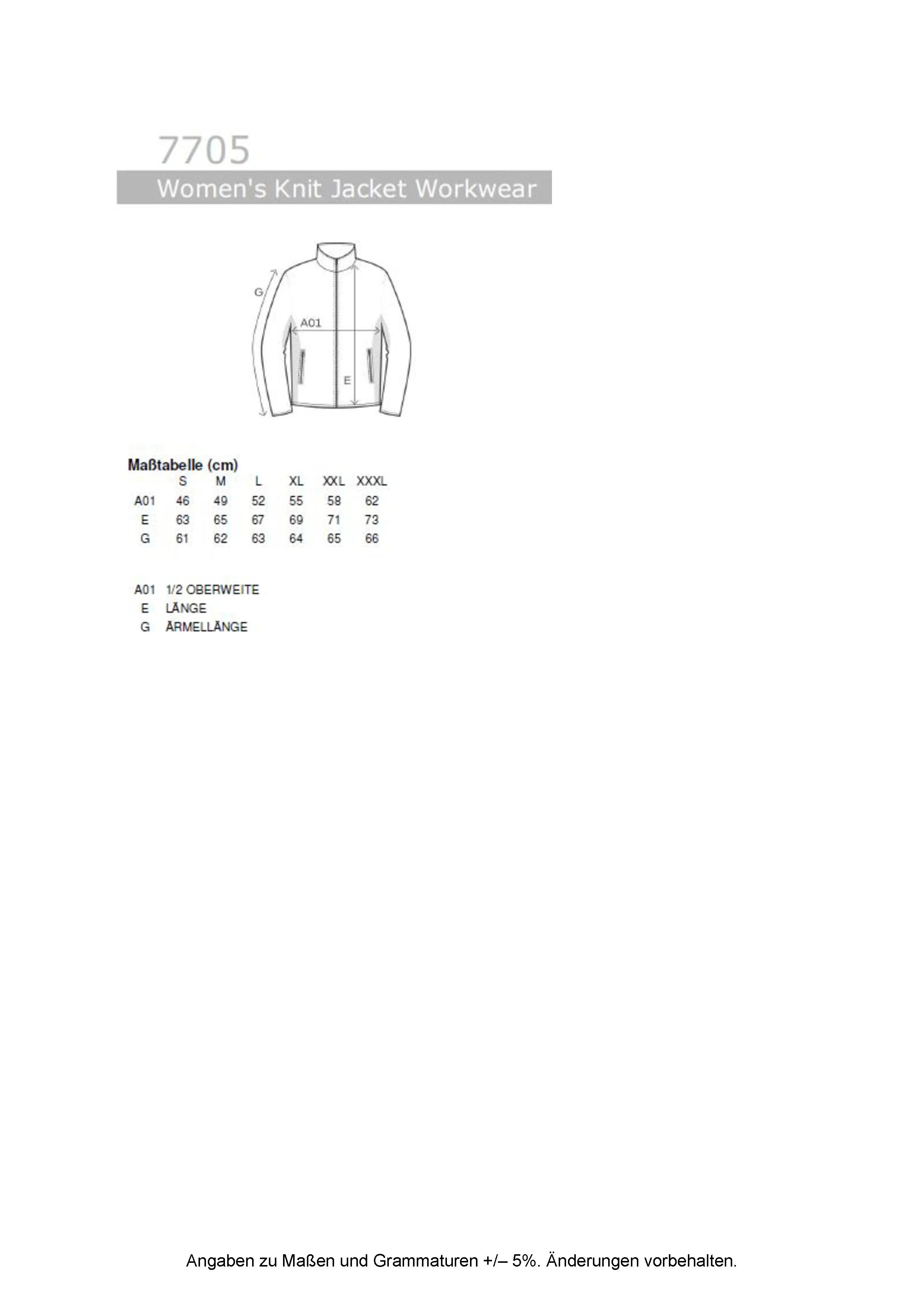 Größentabelle für Women´s Knit Jacket Workwear – E7705