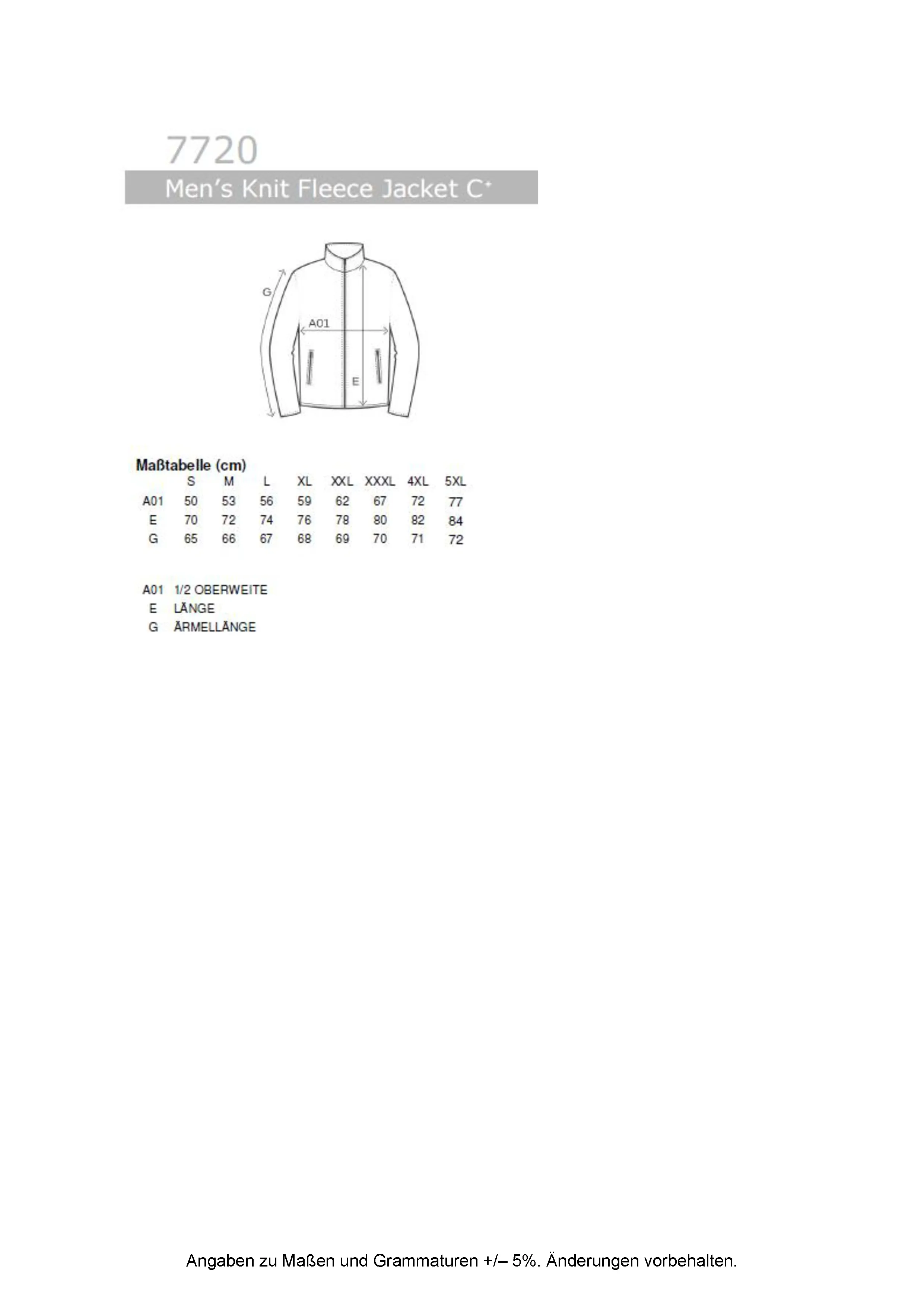 Größentabelle für Men´s Knit Fleece Jacket C+ – E7720