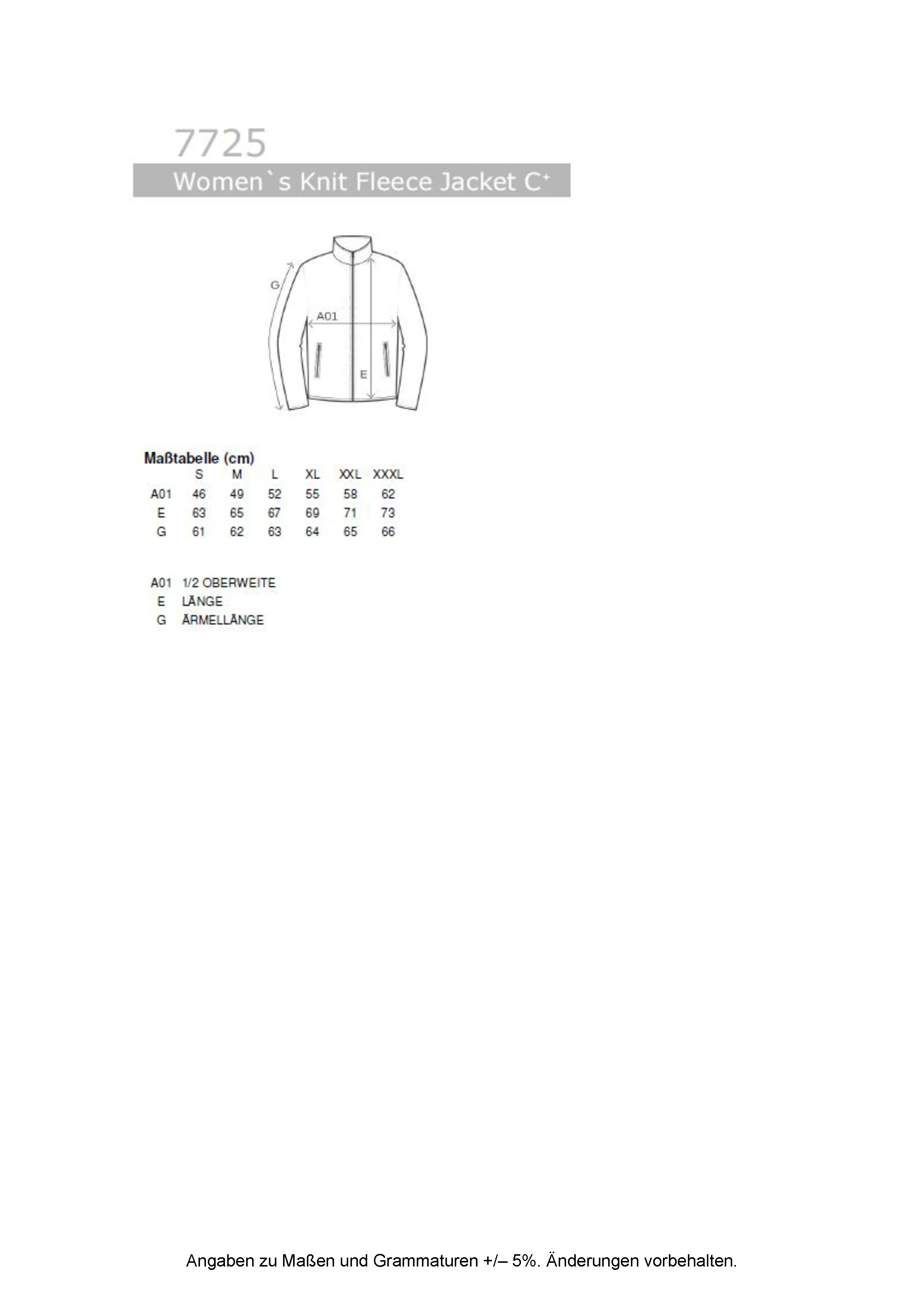 Größentabelle für Women´s Knit Fleece Jacket C+ – E7725