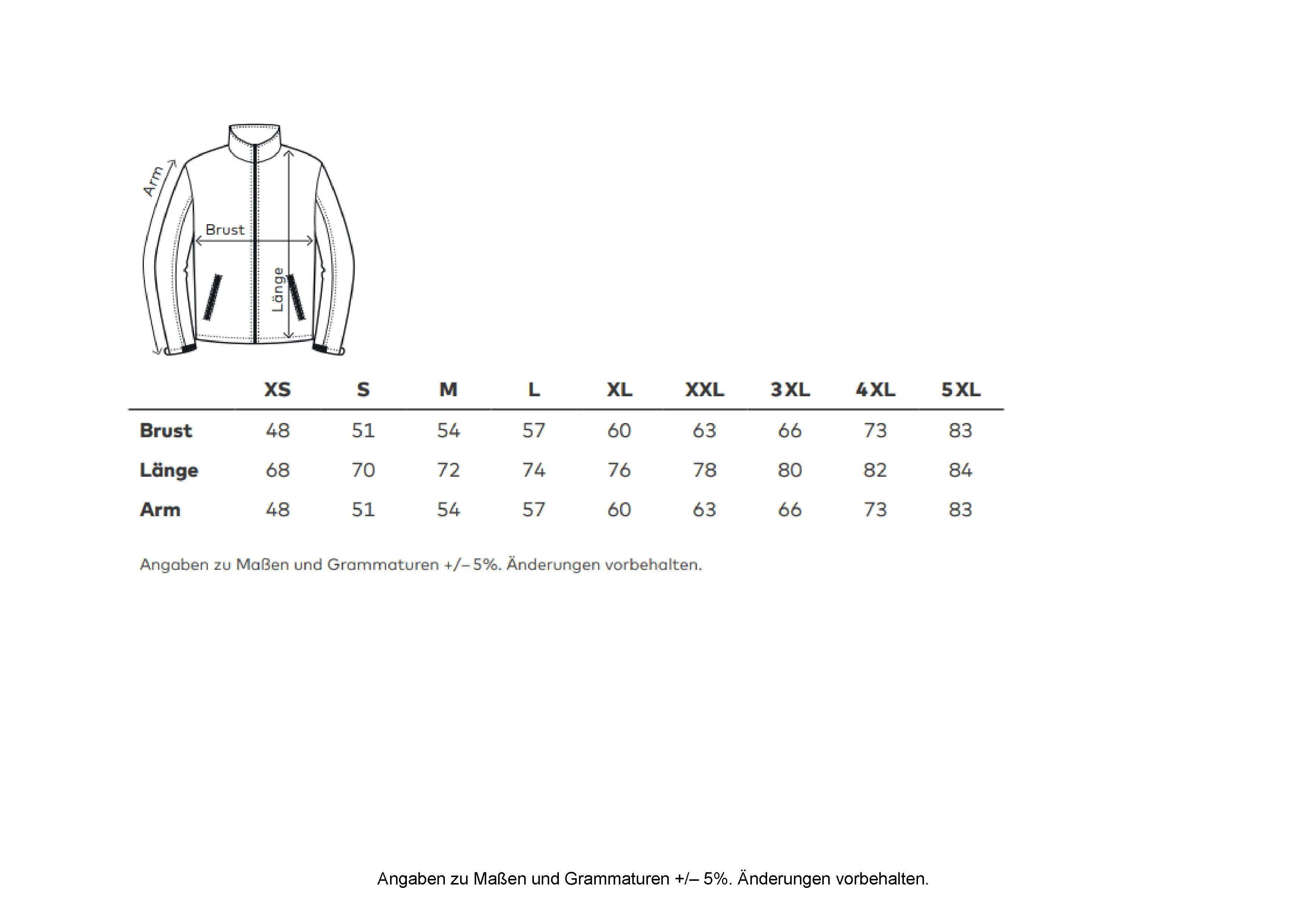 Größentabelle für Men´s Light Softshell Jacket – E7830