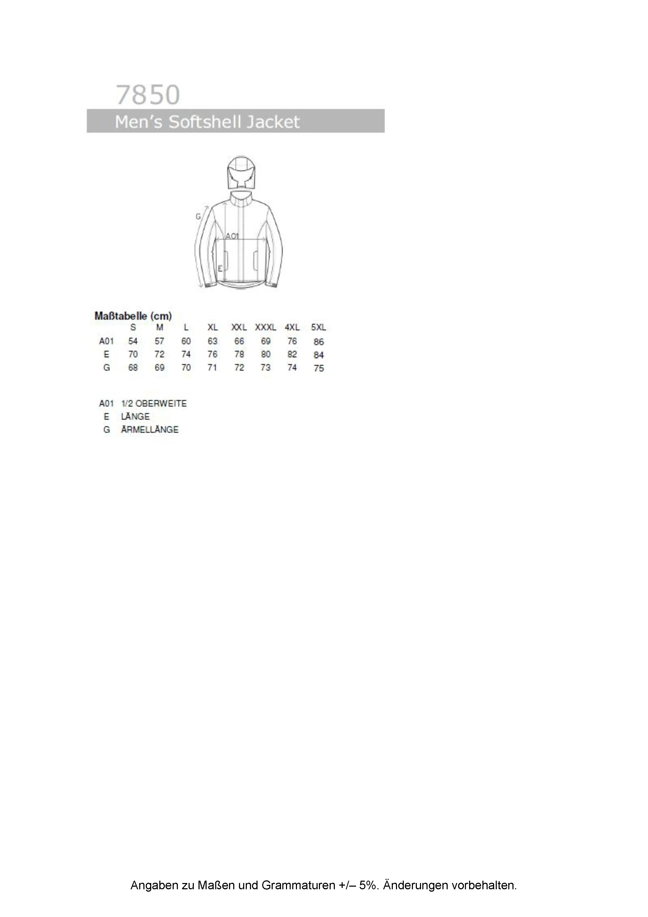 Größentabelle für Men´s Softshell Jacket – E7850