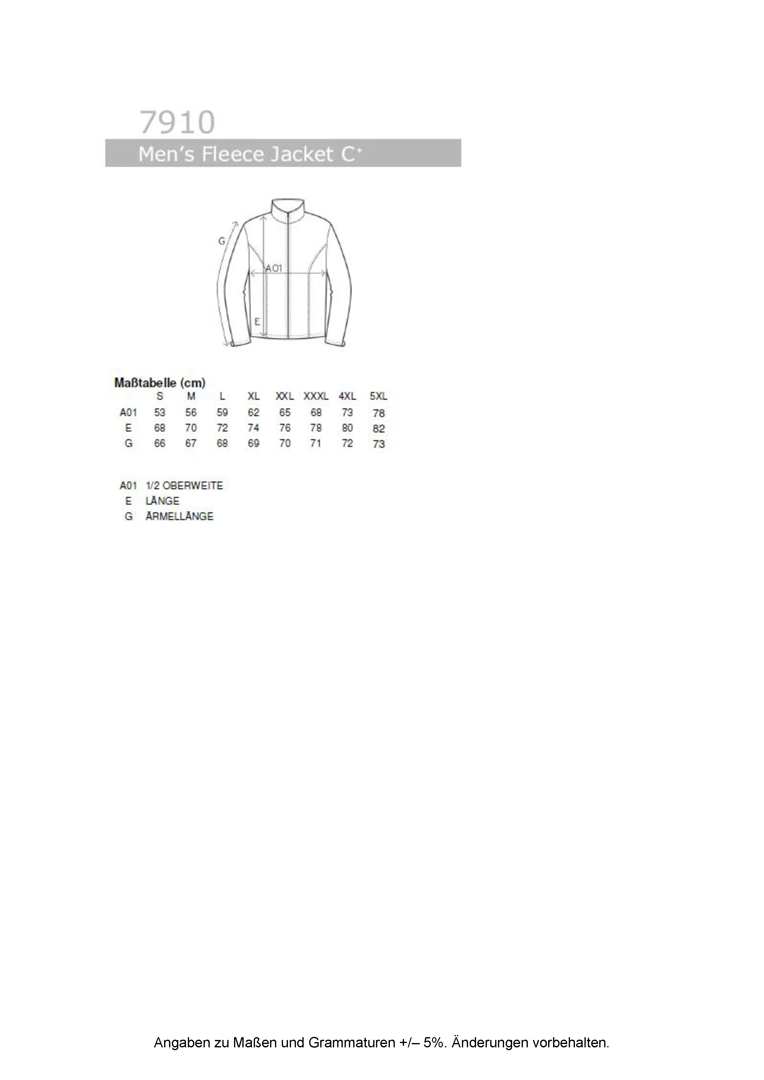 Größentabelle für Men´s Fleece Jacket C+ – E7910