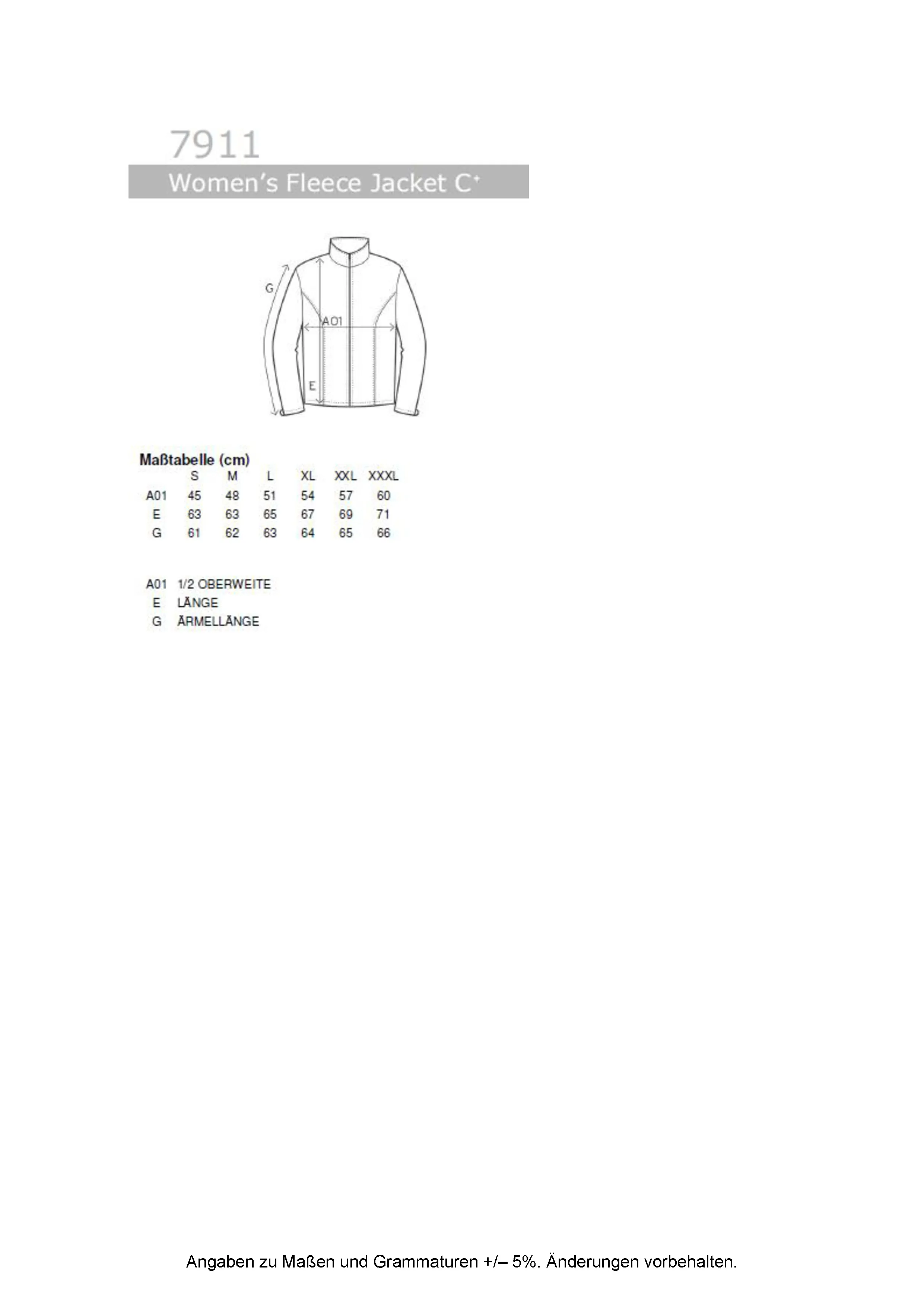 Größentabelle für Women´s Fleece Jacket C+ – E7911