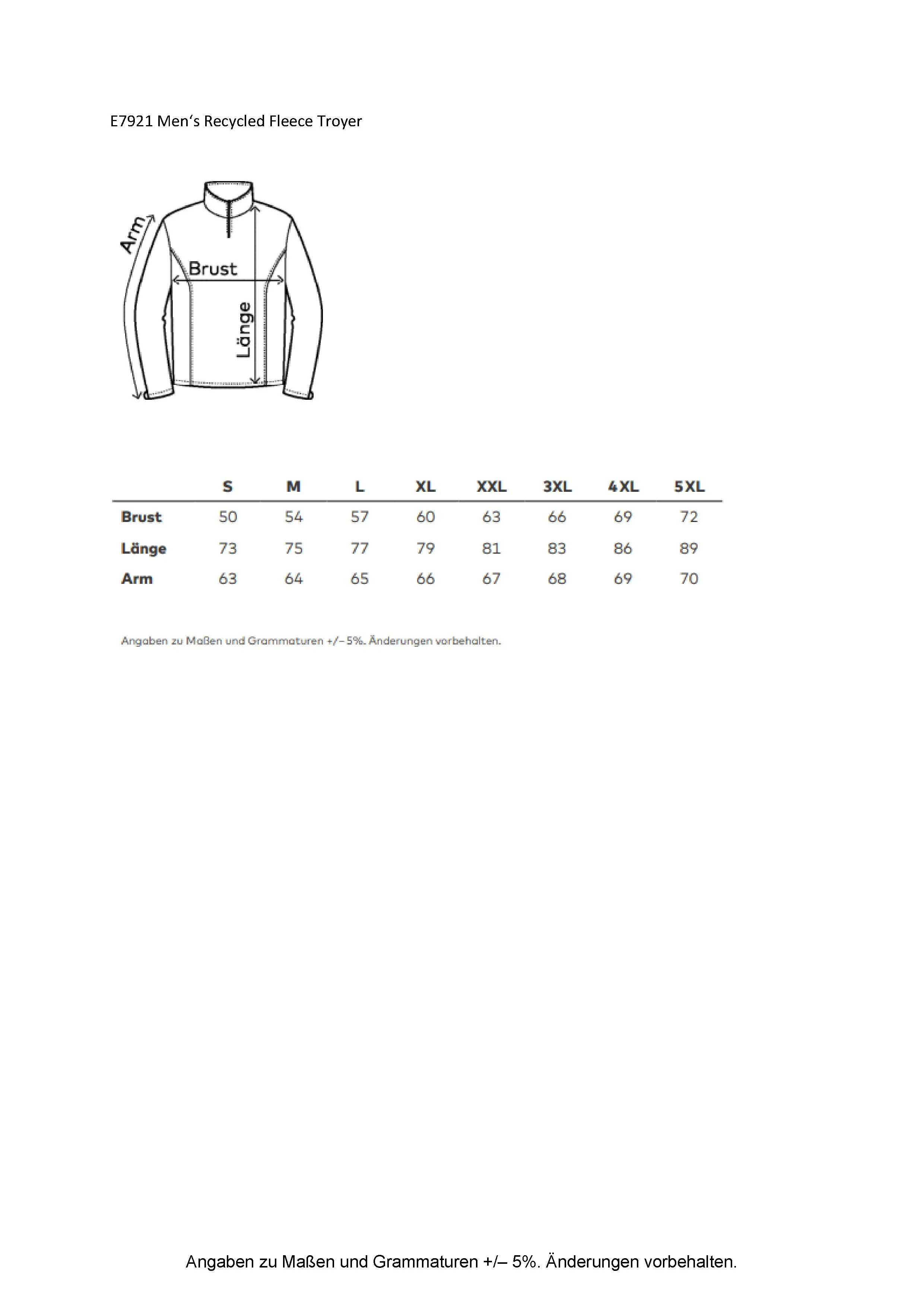Größentabelle für Men´s Recycled Fleece Troyer – E7921
