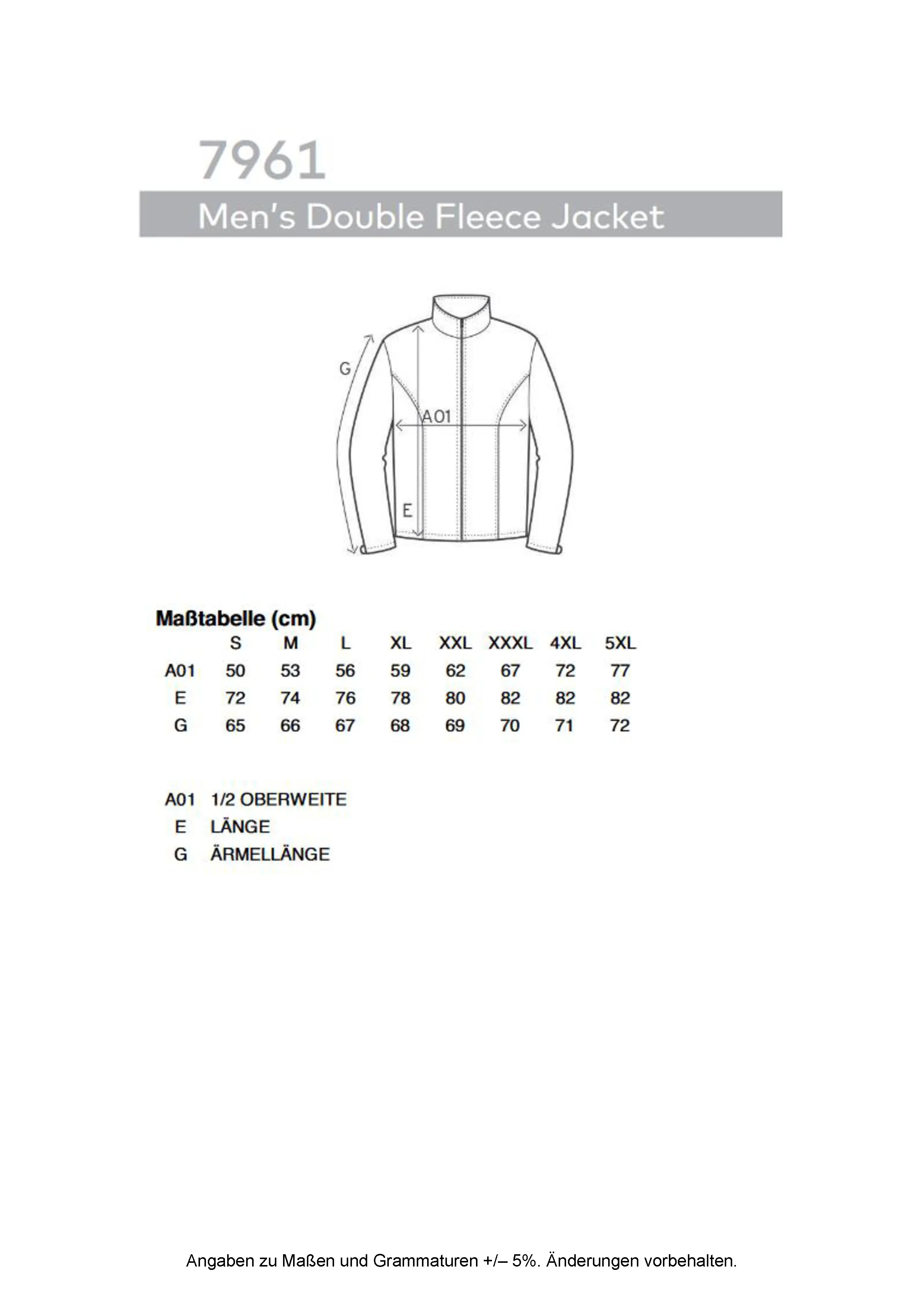 Größentabelle für Men´s Double Fleece Jacket – E7961
