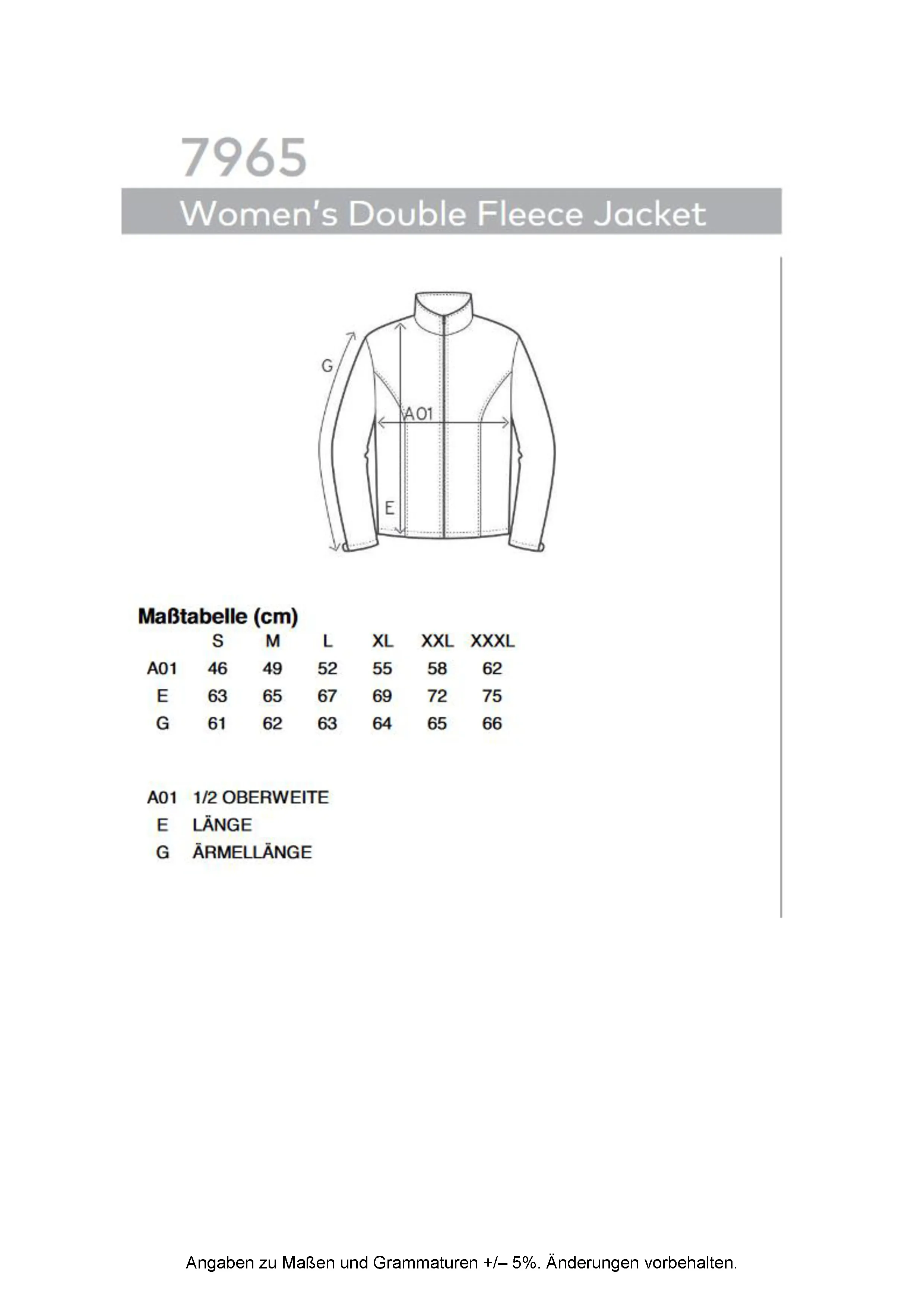 Größentabelle für Women´s Double Fleece Jacket – E7965
